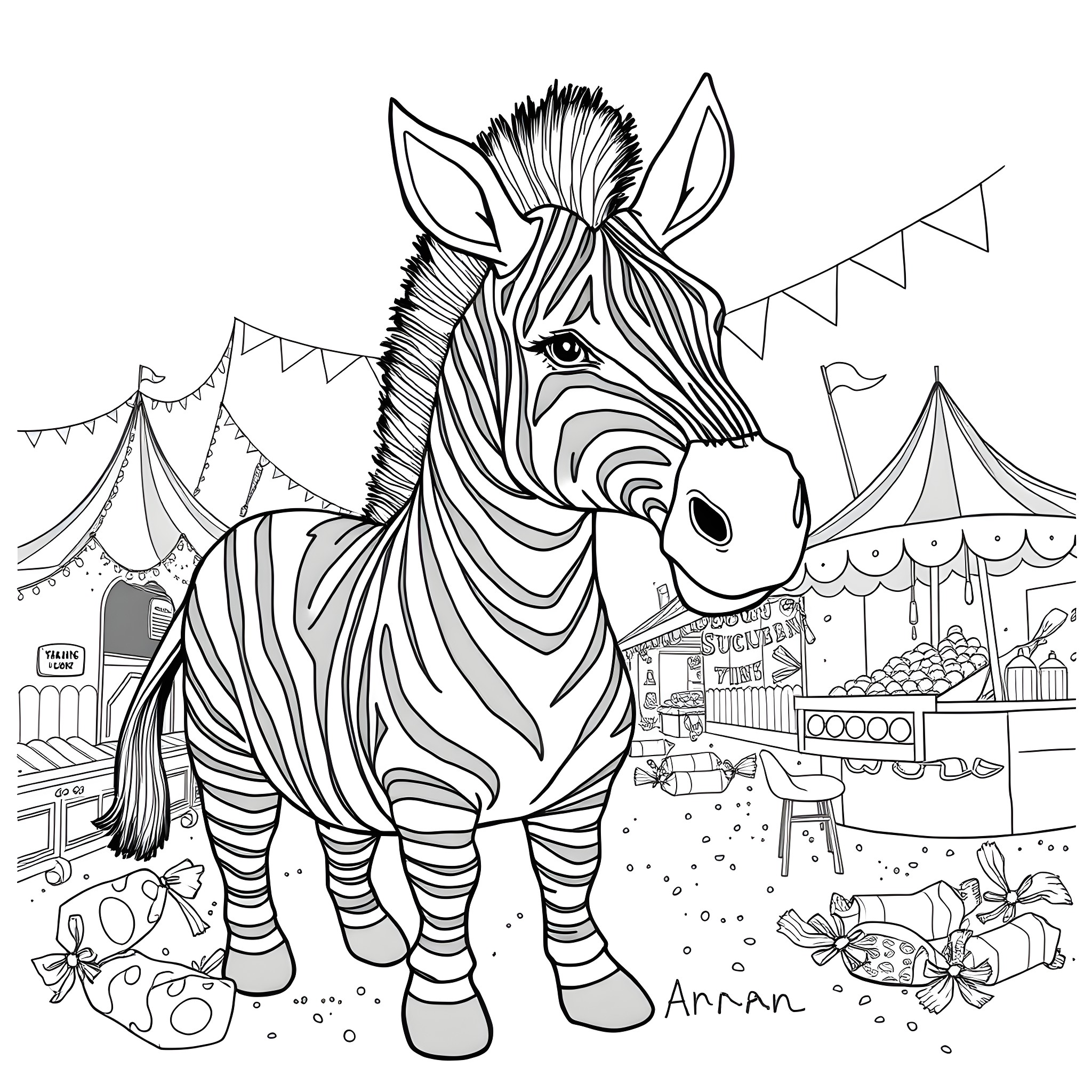 Zebra celebrating at the carnival fairground Coloring Page (free black-and-white line drawing printable PDF for all, from beginners to advanced learners, including children, teens, adults, and seniors)