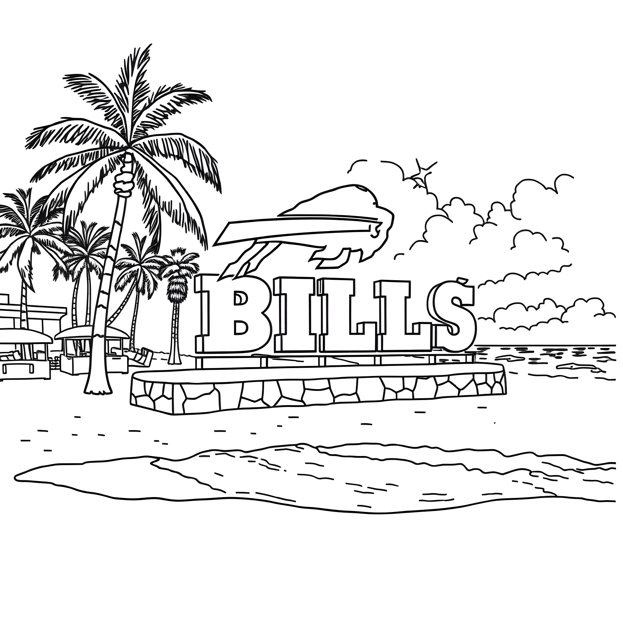 Buffalo beach scene with palm trees and UFO Coloring Page (free black-and-white line drawing printable PDF for all, from beginners to advanced learners, including children, teens, adults, and seniors)