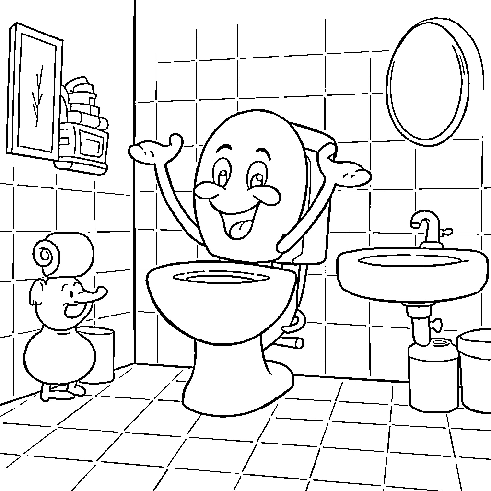 Skibidi Toilet - Silly Characters in Bathroom Antics Coloring Page (free black-and-white line drawing printable PDF for all, from beginners to advanced learners, including children, teens, adults, and seniors)