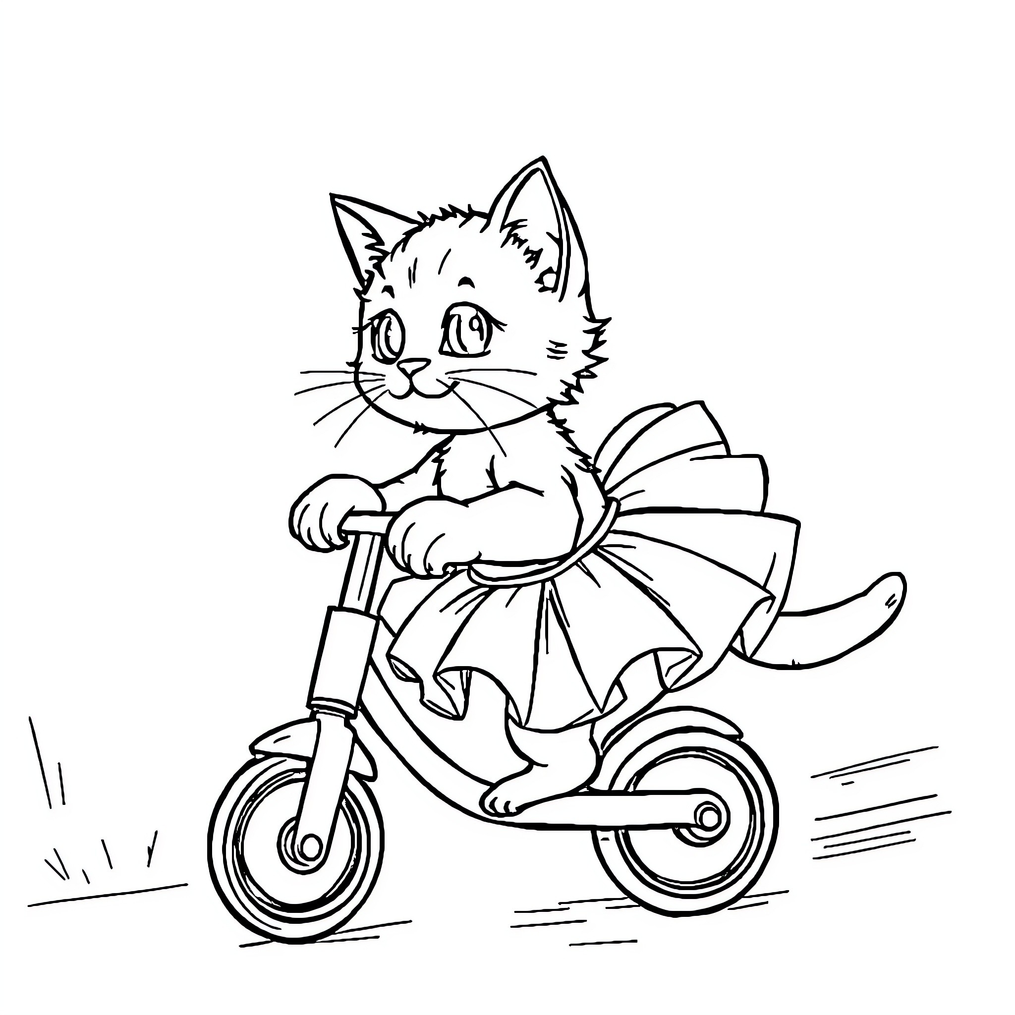 Cat riding a bicycle with a ribbon Coloring Page (free black-and-white line drawing printable PDF for all, from beginners to advanced learners, including children, teens, adults, and seniors)