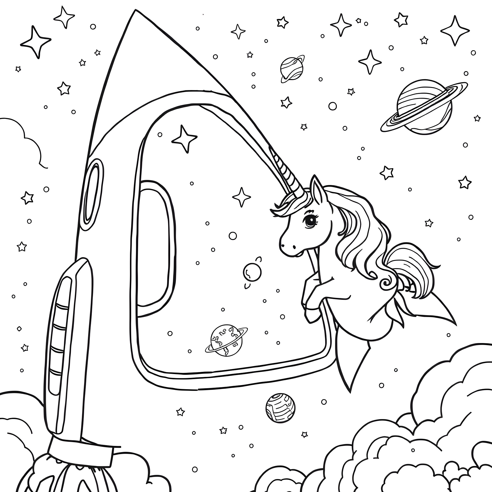 Unicorn travels to the stars in a rocket ship Coloring Page (free black-and-white line drawing printable PDF for all, from beginners to advanced learners, including children, teens, adults, and seniors)