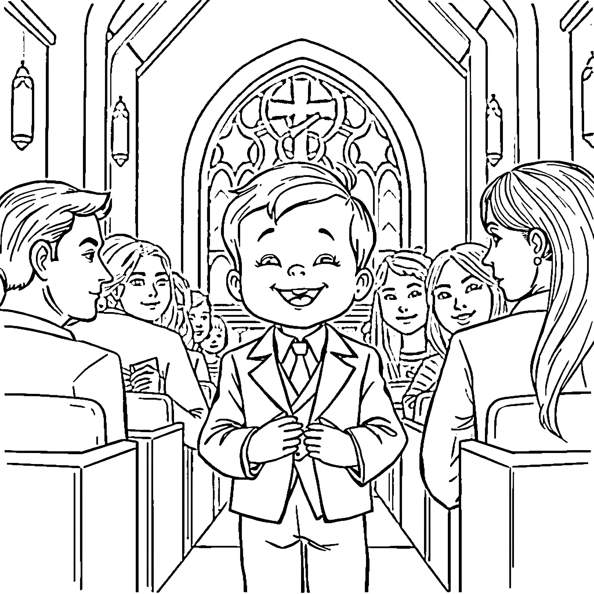 Child celebrating joyfully in church with peers Coloring Page (free black-and-white line drawing printable PDF for all, from beginners to advanced learners, including children, teens, adults, and seniors)