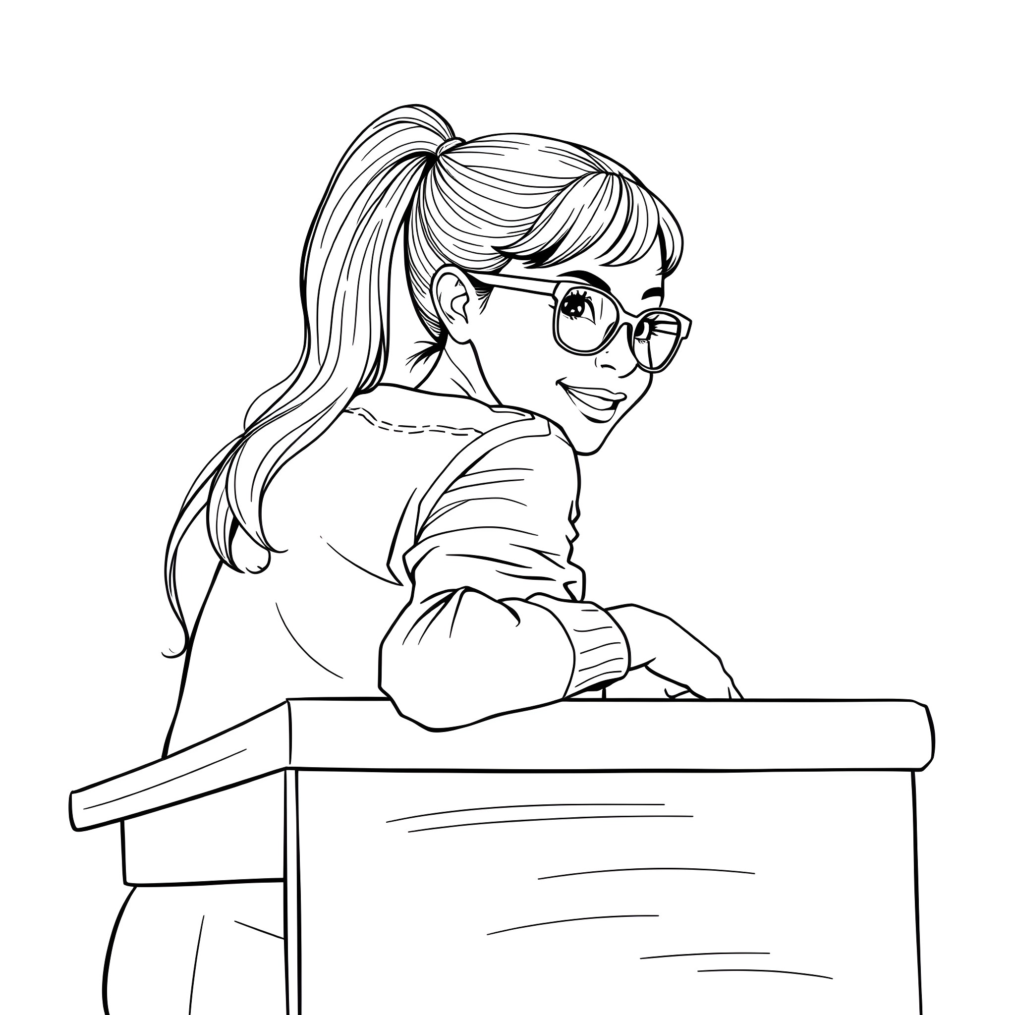 Woman with glasses smiling at desk Coloring Page (free black-and-white line drawing printable PDF for all, from beginners to advanced learners, including children, teens, adults, and seniors)