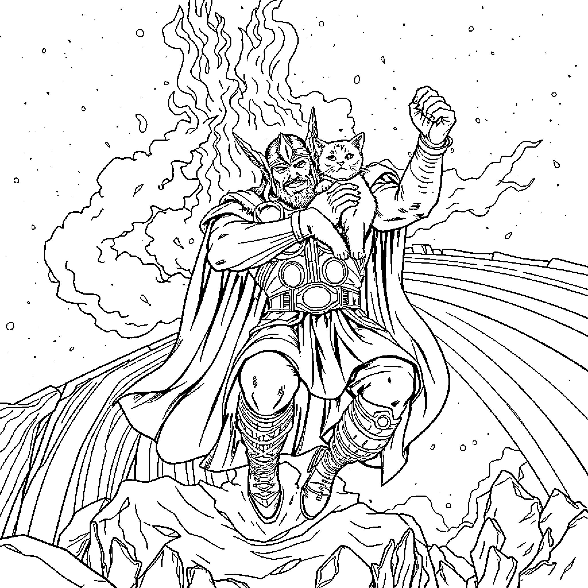 Thor's Victorious Pose with Mighty Hammer and Feline Companion Coloring Page (free black-and-white line drawing printable PDF for all, from beginners to advanced learners, including children, teens, adults, and seniors)