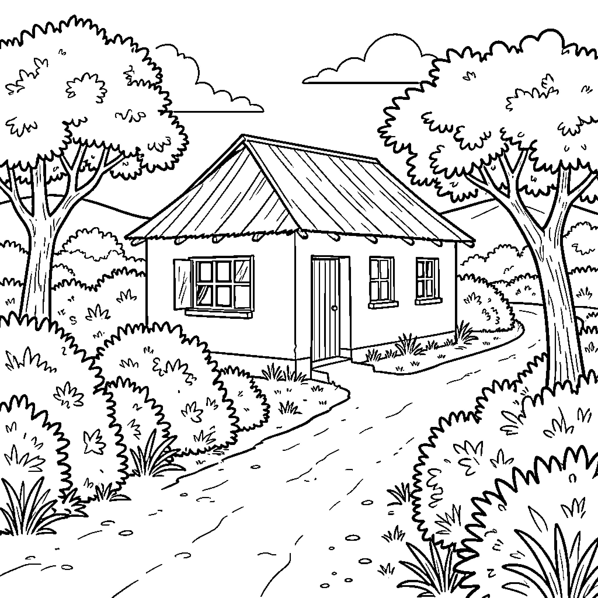 House standing peacefully along a winding garden path Coloring Page (free black-and-white line drawing printable PDF for all, from beginners to advanced learners, including children, teens, adults, and seniors)