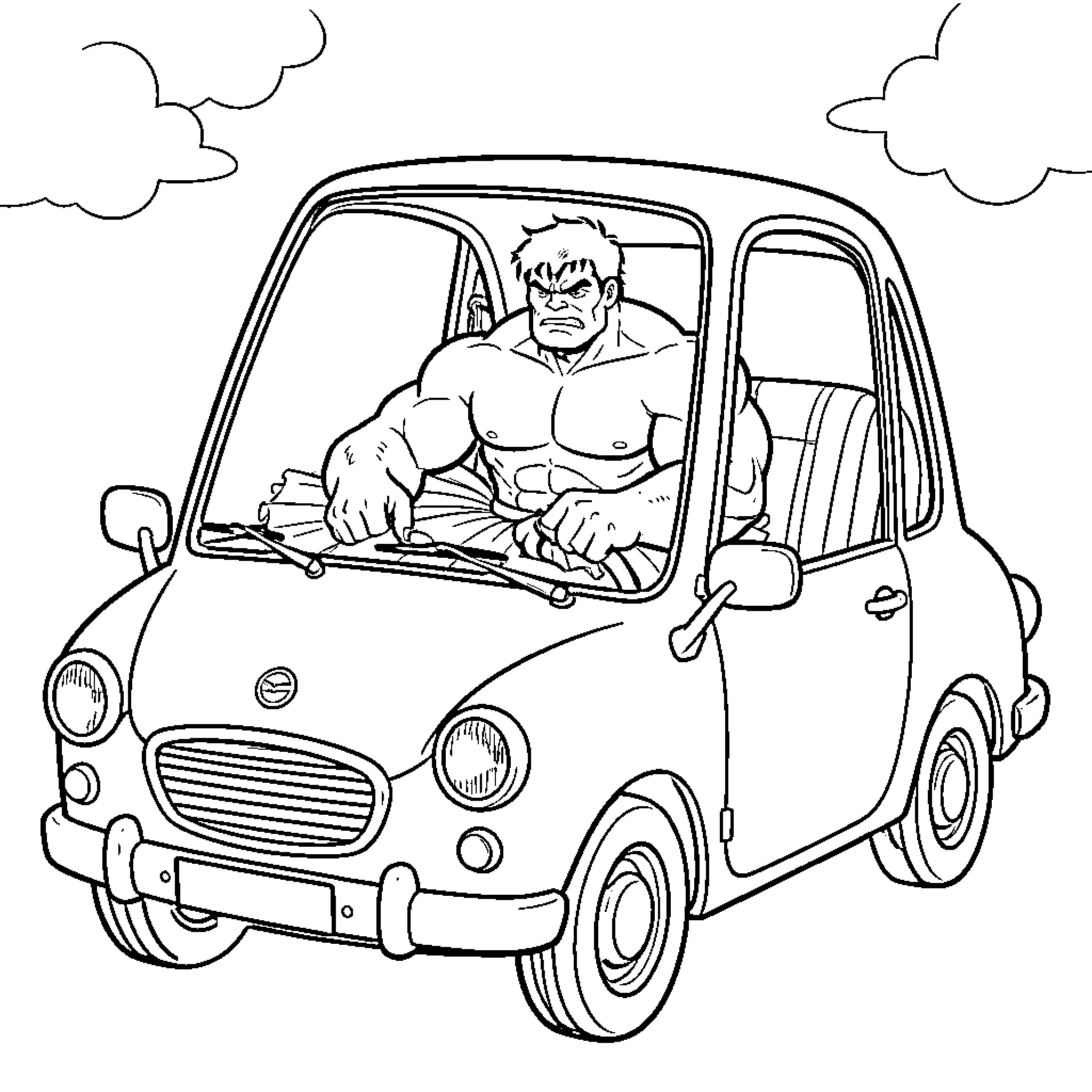 Hulk driving a small car with an angry expression Coloring Page (free black-and-white line drawing printable PDF for all, from beginners to advanced learners, including children, teens, adults, and seniors)