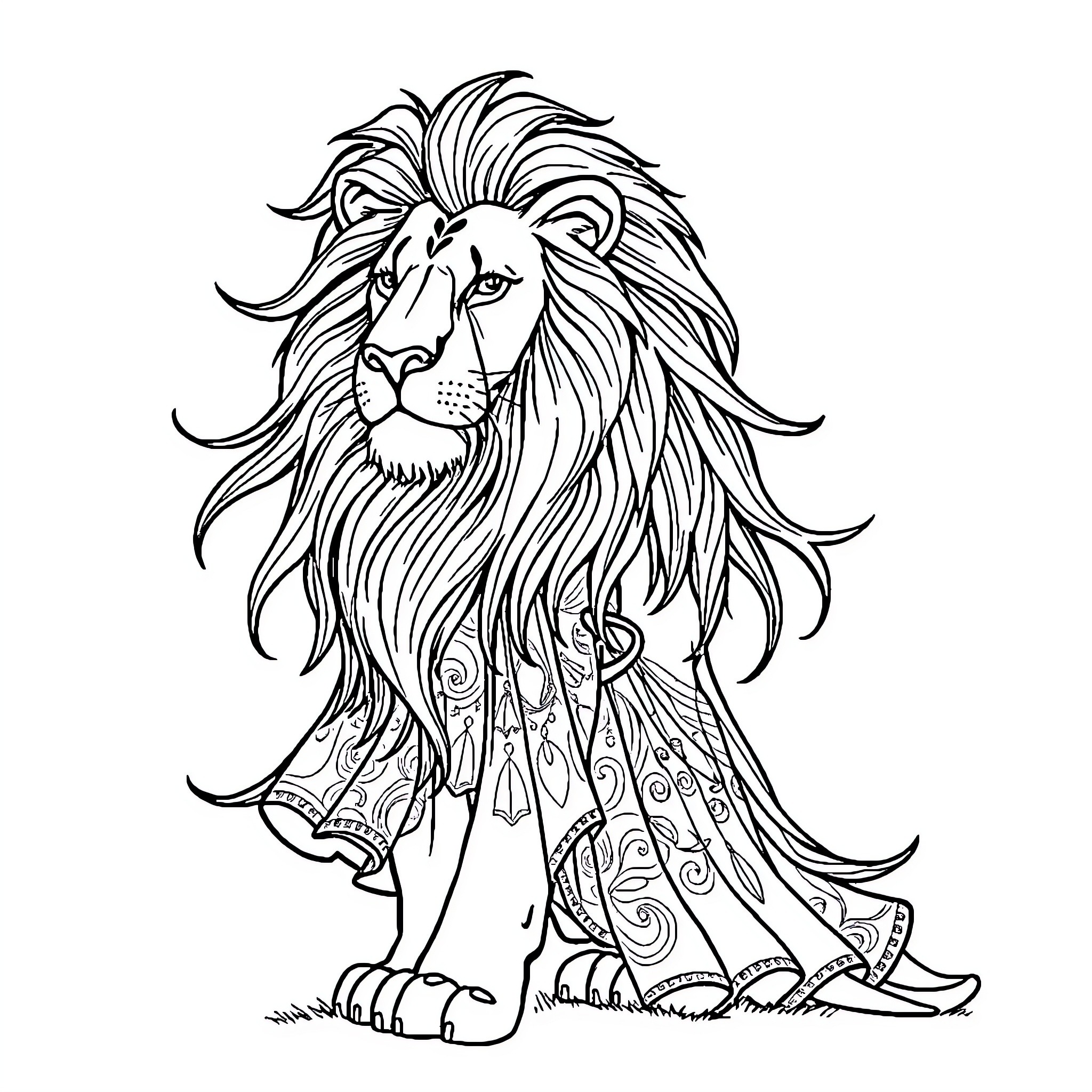 Lion with majestic mane and ornate design Coloring Page (free black-and-white line drawing printable PDF for all, from beginners to advanced learners, including children, teens, adults, and seniors)