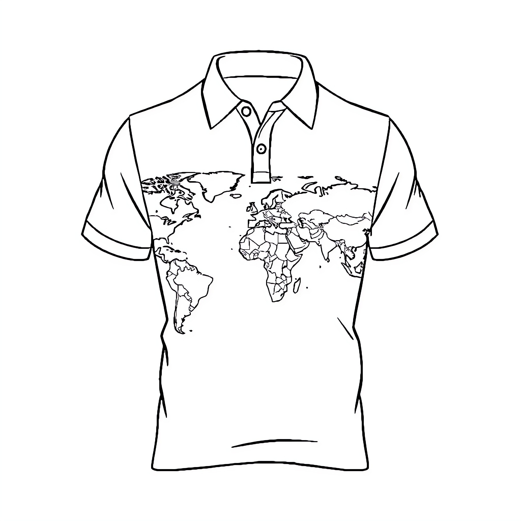 Polo shirt with world map design Coloring Page (free black-and-white line drawing printable PDF for all, from beginners to advanced learners, including children, teens, adults, and seniors)