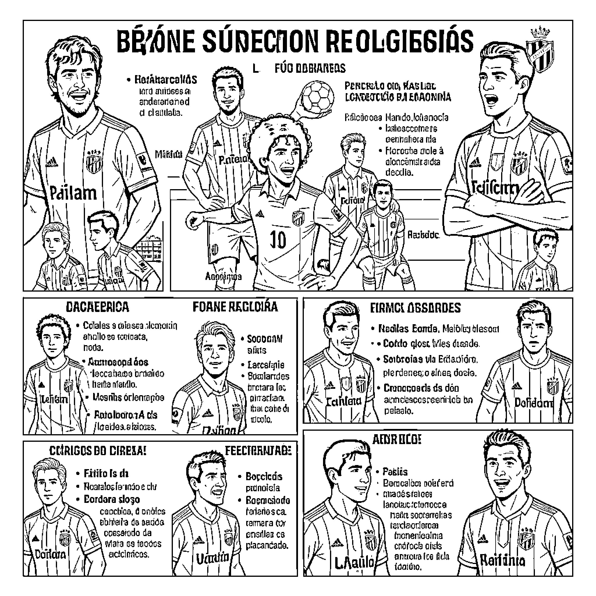 Argentina Player sketches with teammates in various poses Coloring Page (free black-and-white line drawing printable PDF for all, from beginners to advanced learners, including children, teens, adults, and seniors)