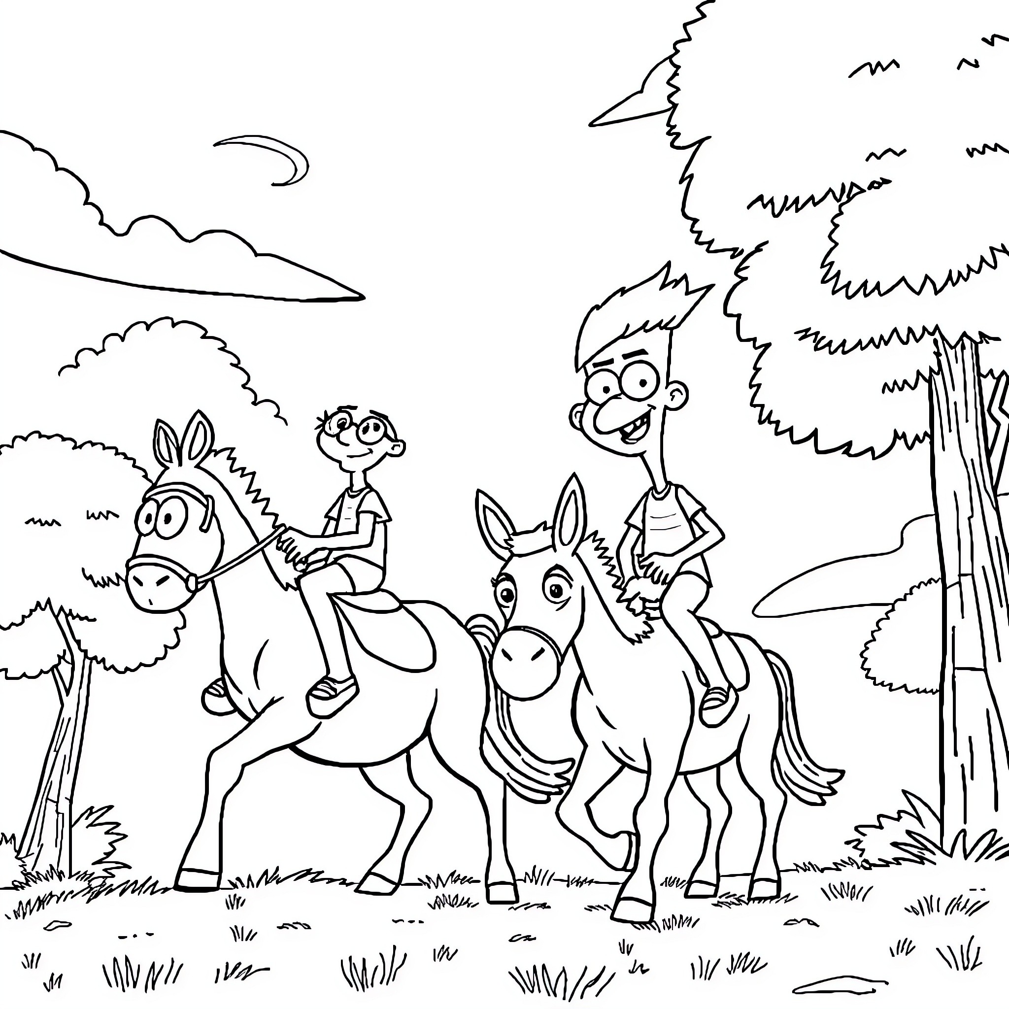 Phineas and Ferb's Outdoor Adventure Coloring Page (free black-and-white line drawing printable PDF for all, from beginners to advanced learners, including children, teens, adults, and seniors)