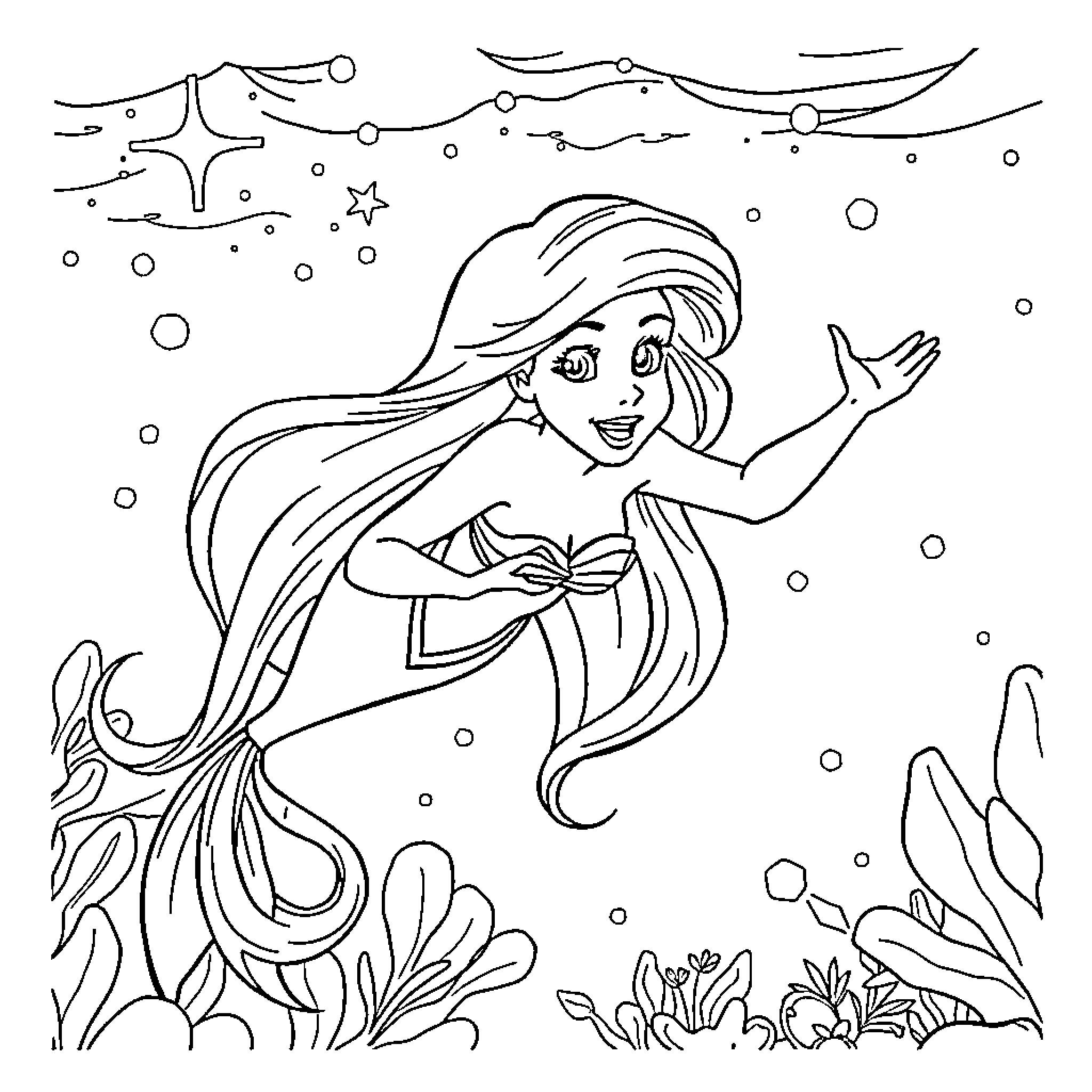 Ariel exploring the wondrous underwater world Coloring Page (free black-and-white line drawing printable PDF for all, from beginners to advanced learners, including children, teens, adults, and seniors)