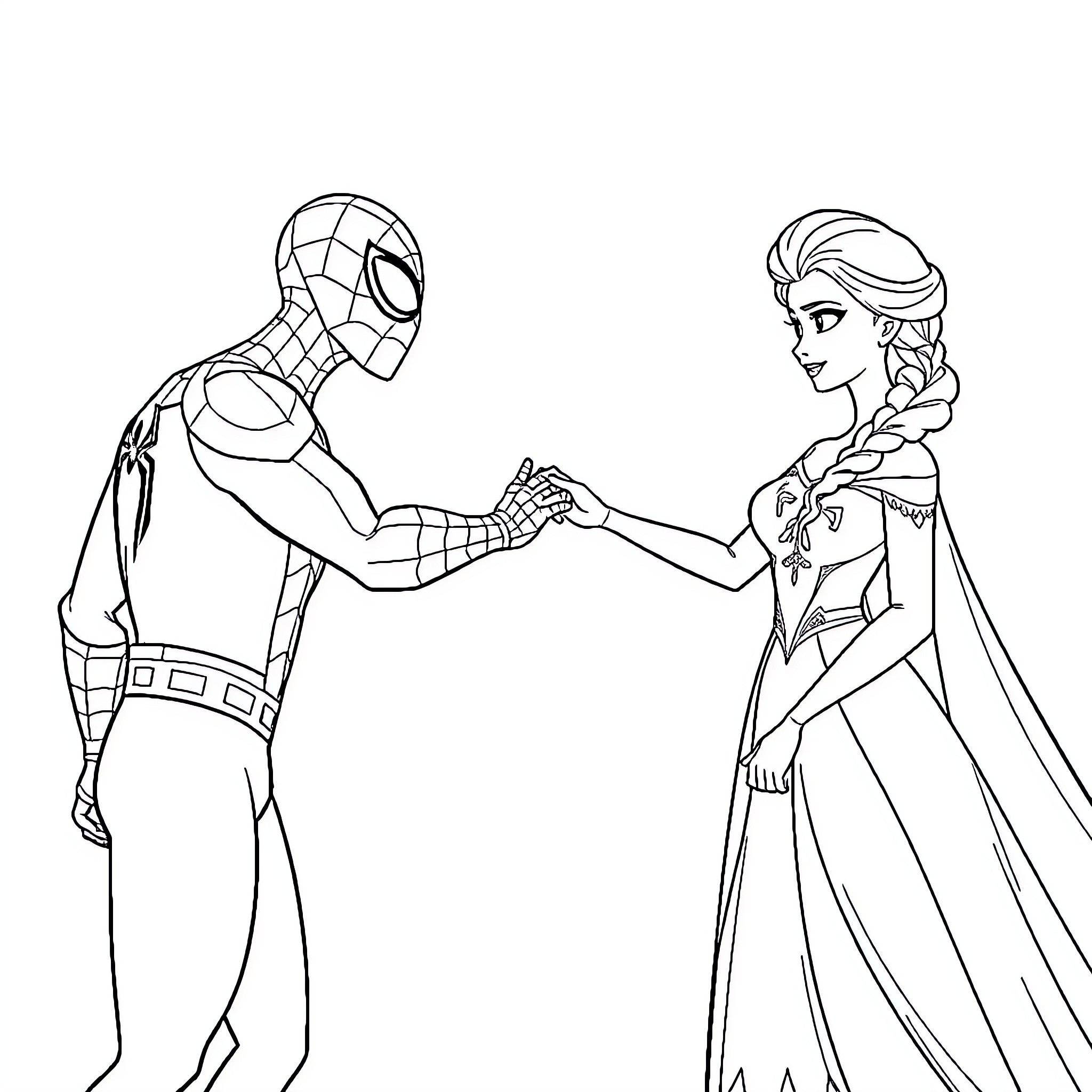 Spiderman and Princess Encounter Coloring Page (free black-and-white line drawing printable PDF for all, from beginners to advanced learners, including children, teens, adults, and seniors)