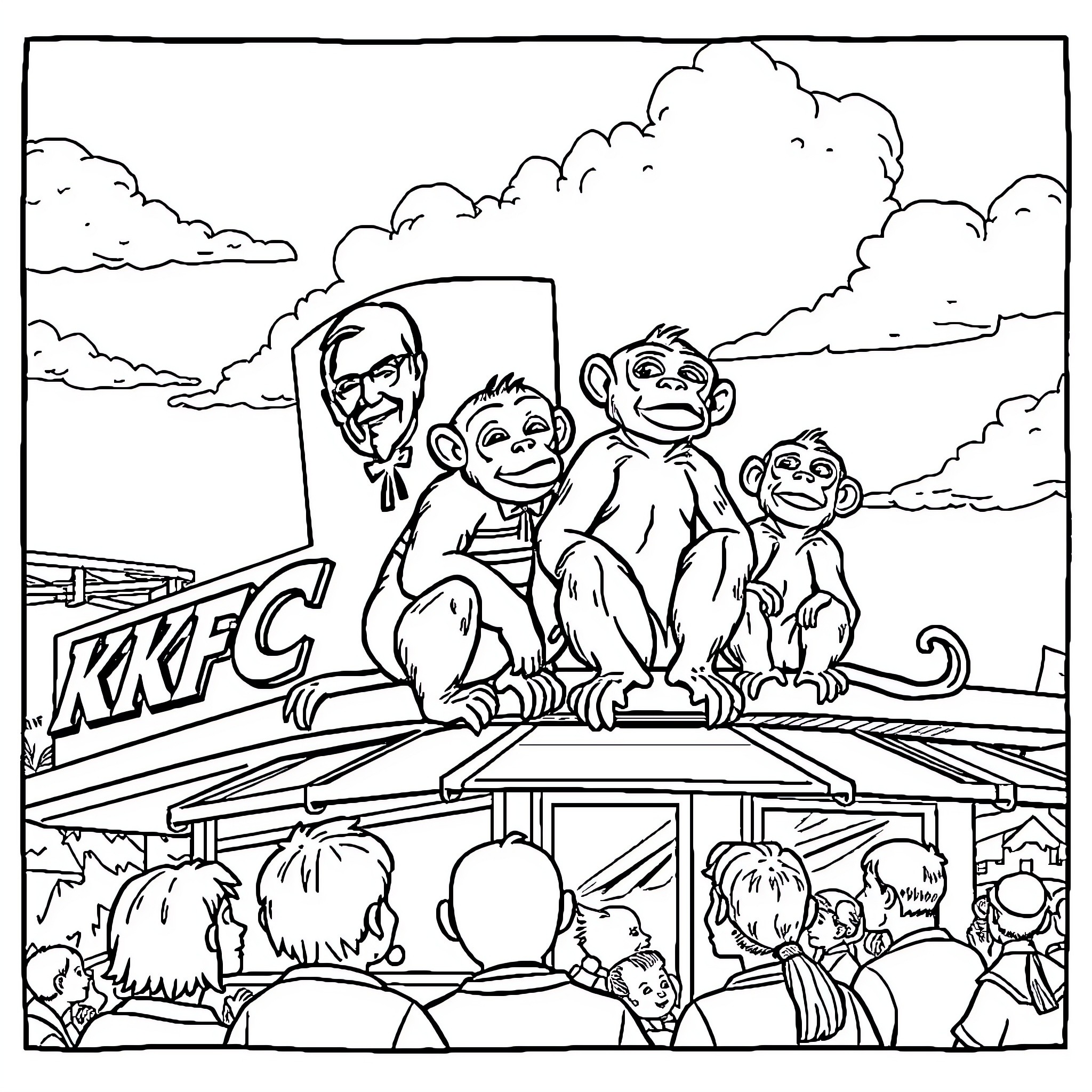 Monkeys playing mischievously at the KKFC restaurant Coloring Page (free black-and-white line drawing printable PDF for all, from beginners to advanced learners, including children, teens, adults, and seniors)