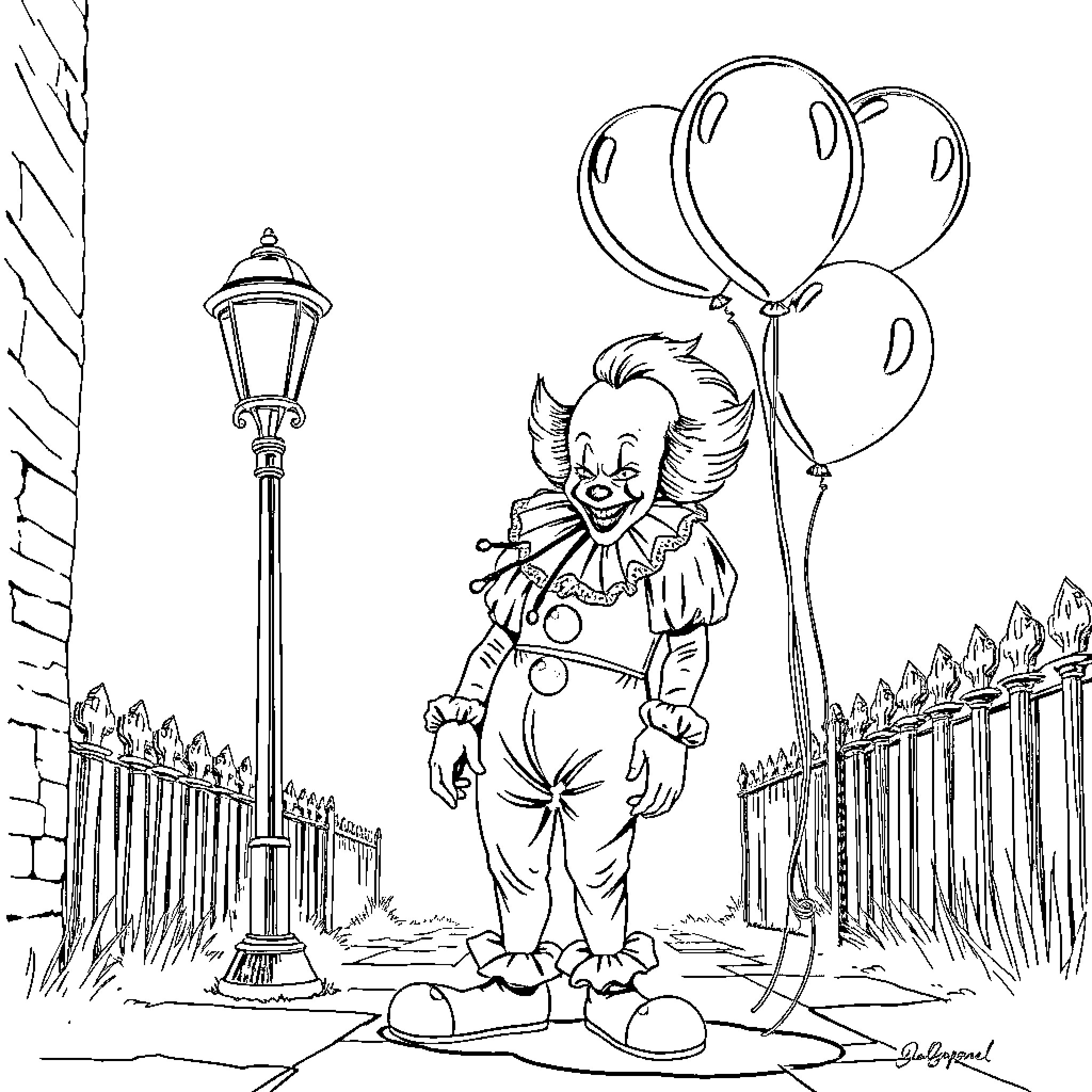 Pennywise the Clown's Mischievous Antics Coloring Page (free black-and-white line drawing printable PDF for all, from beginners to advanced learners, including children, teens, adults, and seniors)