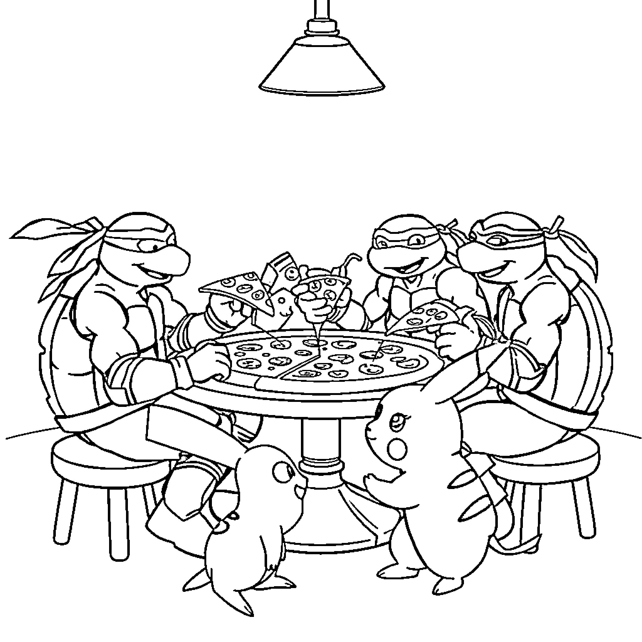 Ninja Turtles enjoying a pizza party Coloring Page (free black-and-white line drawing printable PDF for all, from beginners to advanced learners, including children, teens, adults, and seniors)