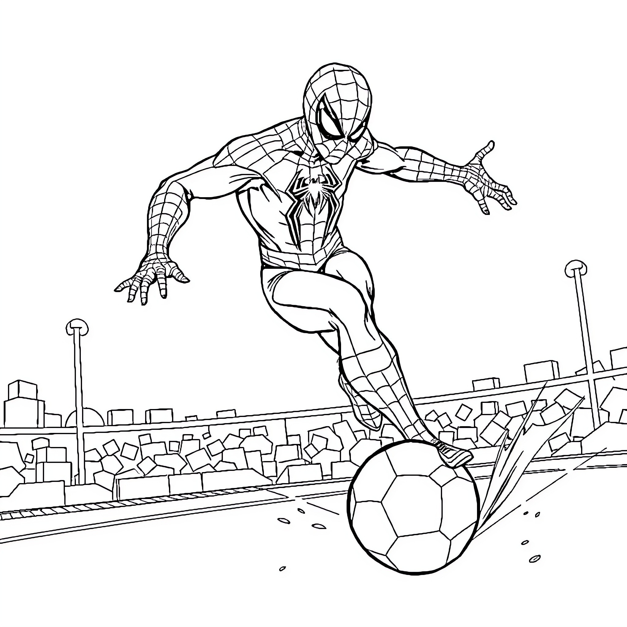 Spider-Man kicking soccer ball in urban setting Coloring Page (free black-and-white line drawing printable PDF for all, from beginners to advanced learners, including children, teens, adults, and seniors)
