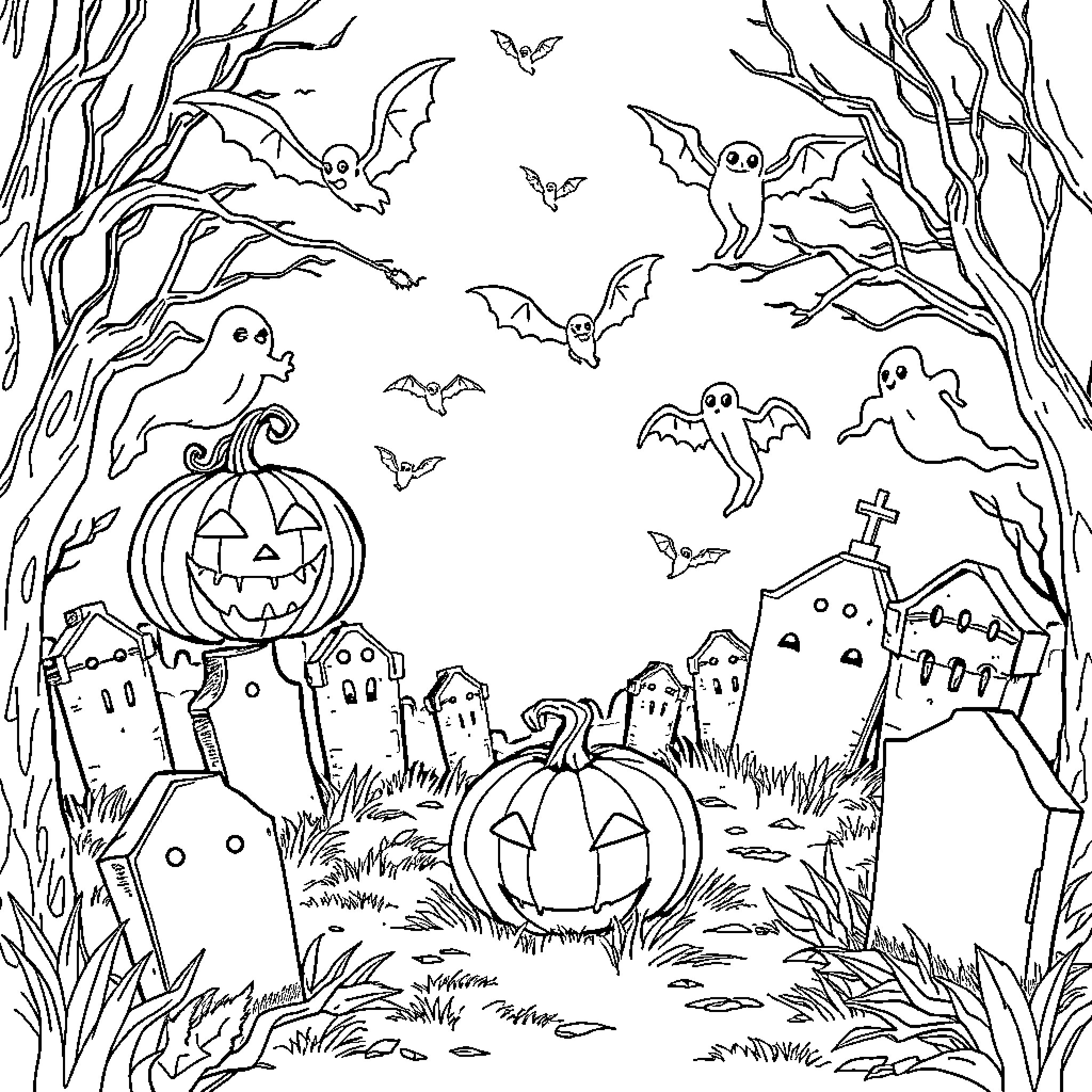 Pumpkins, Bats, and Ghostly Figures in the Haunted Graveyard Coloring Page (free black-and-white line drawing printable PDF for all, from beginners to advanced learners, including children, teens, adults, and seniors)