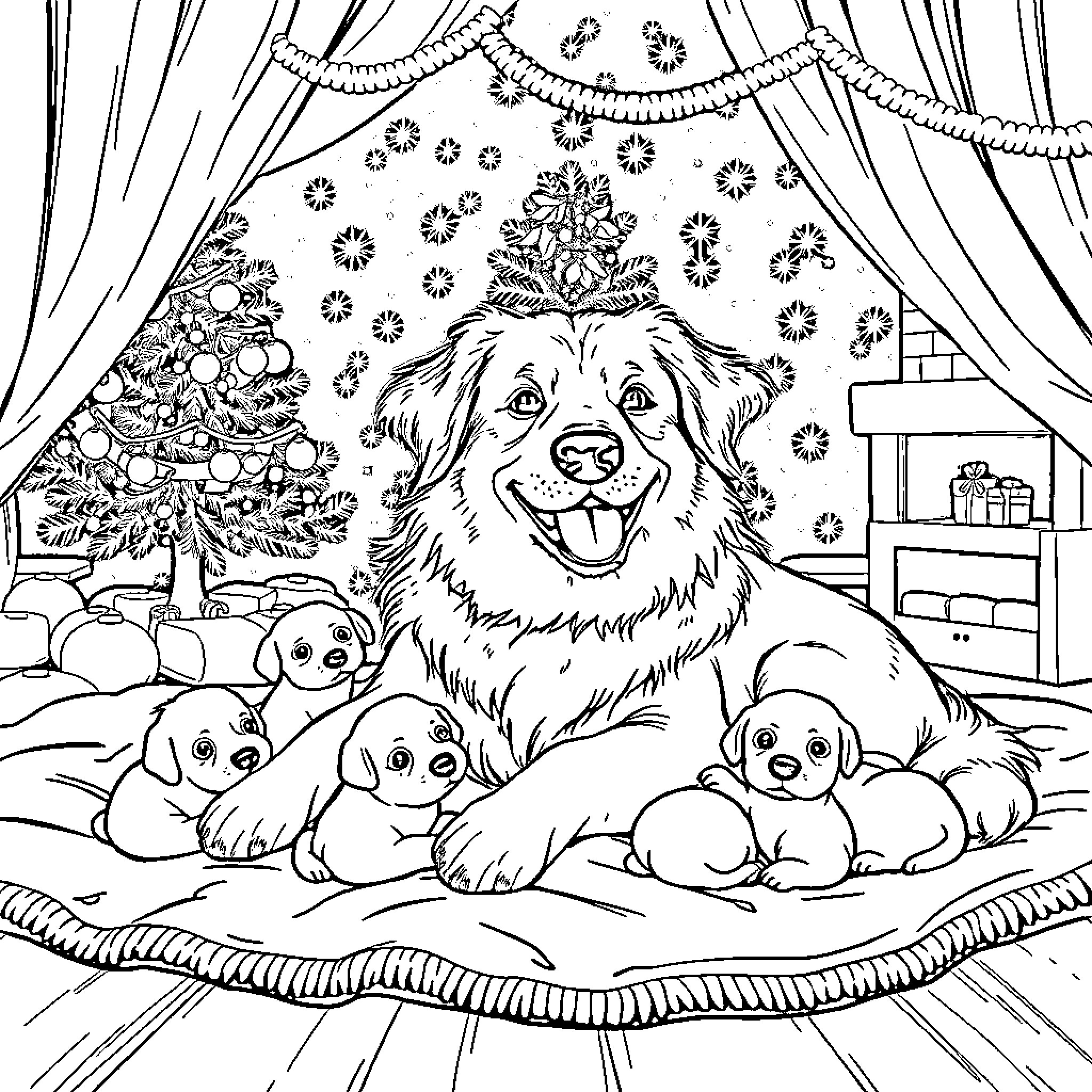 Dog and Puppies Enjoying Christmas Festivities Coloring Page (free black-and-white line drawing printable PDF for all, from beginners to advanced learners, including children, teens, adults, and seniors)