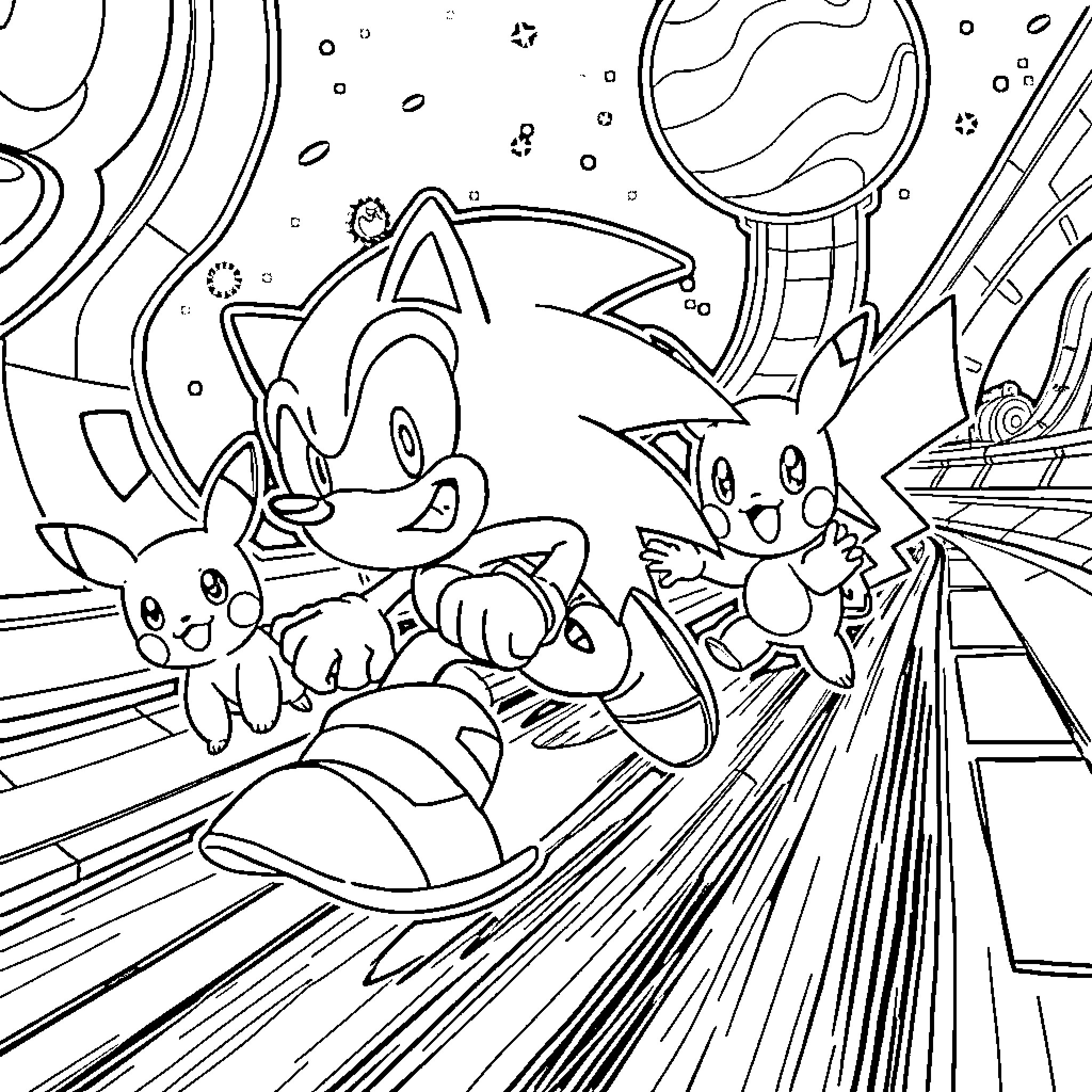 Sonic and Friends in Sci-Fi Adventure Coloring Page (free black-and-white line drawing printable PDF for all, from beginners to advanced learners, including children, teens, adults, and seniors)