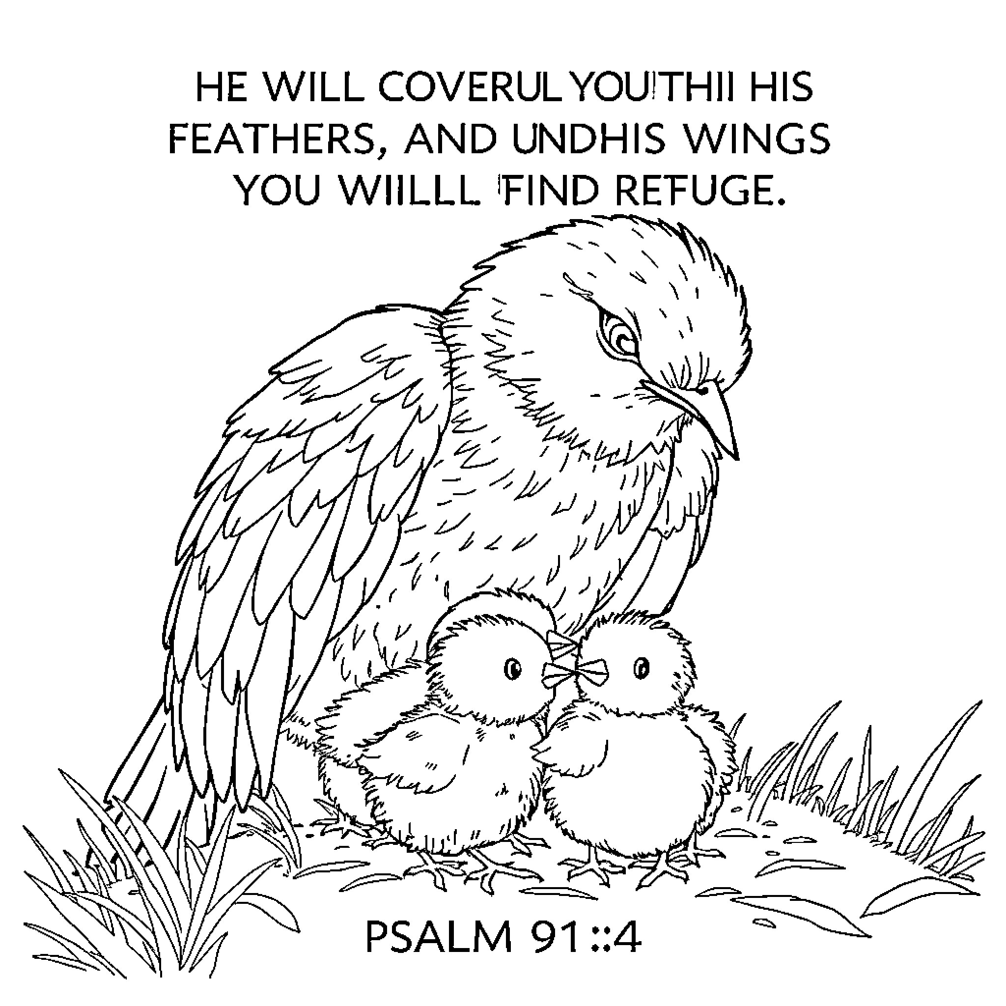 Bird sheltering its young under its wings Coloring Page (free black-and-white line drawing printable PDF for all, from beginners to advanced learners, including children, teens, adults, and seniors)