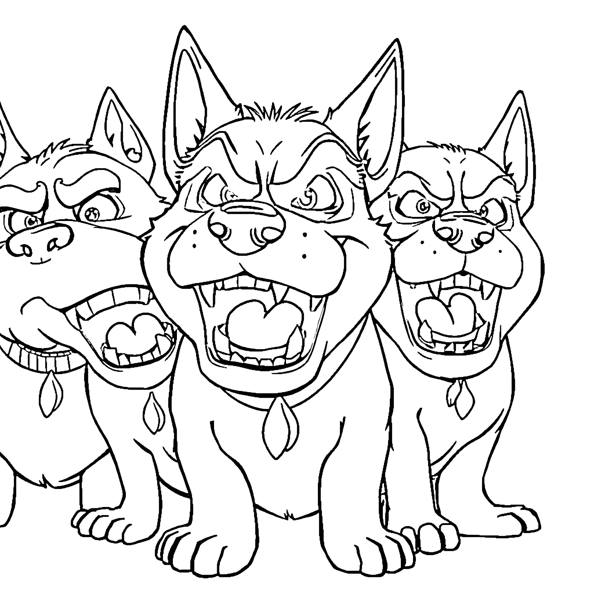 Dog pack making mischievous expressions Coloring Page (free black-and-white line drawing printable PDF for all, from beginners to advanced learners, including children, teens, adults, and seniors)