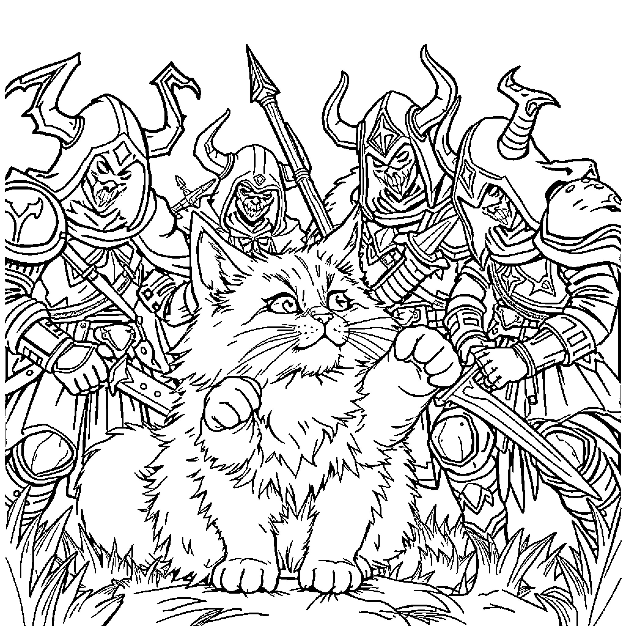 Cat Confronting Fantasy Warriors Coloring Page (free black-and-white line drawing printable PDF for all, from beginners to advanced learners, including children, teens, adults, and seniors)