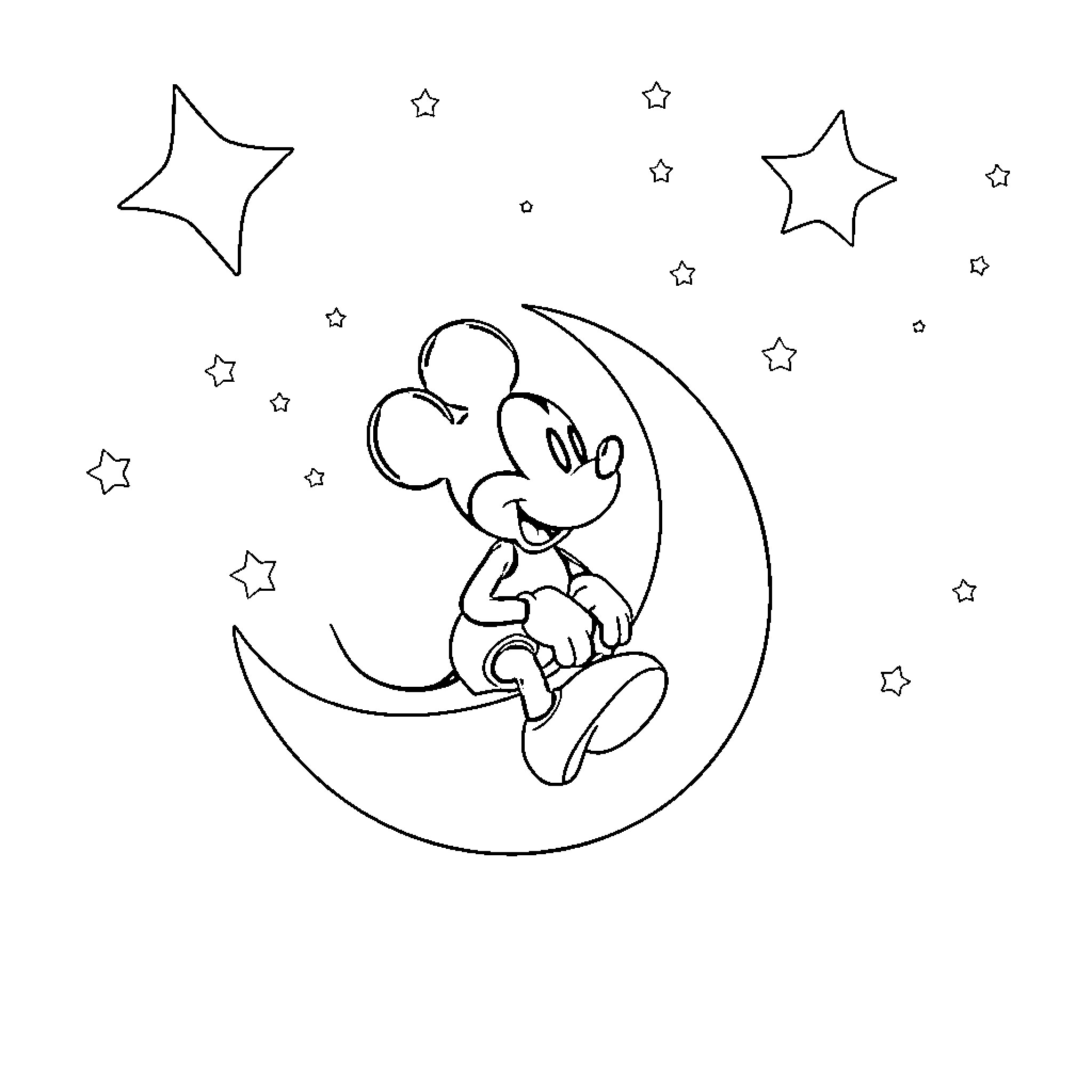 Mickey Sitting Happily on Crescent Moon Coloring Page (free black-and-white line drawing printable PDF for all, from beginners to advanced learners, including children, teens, adults, and seniors)