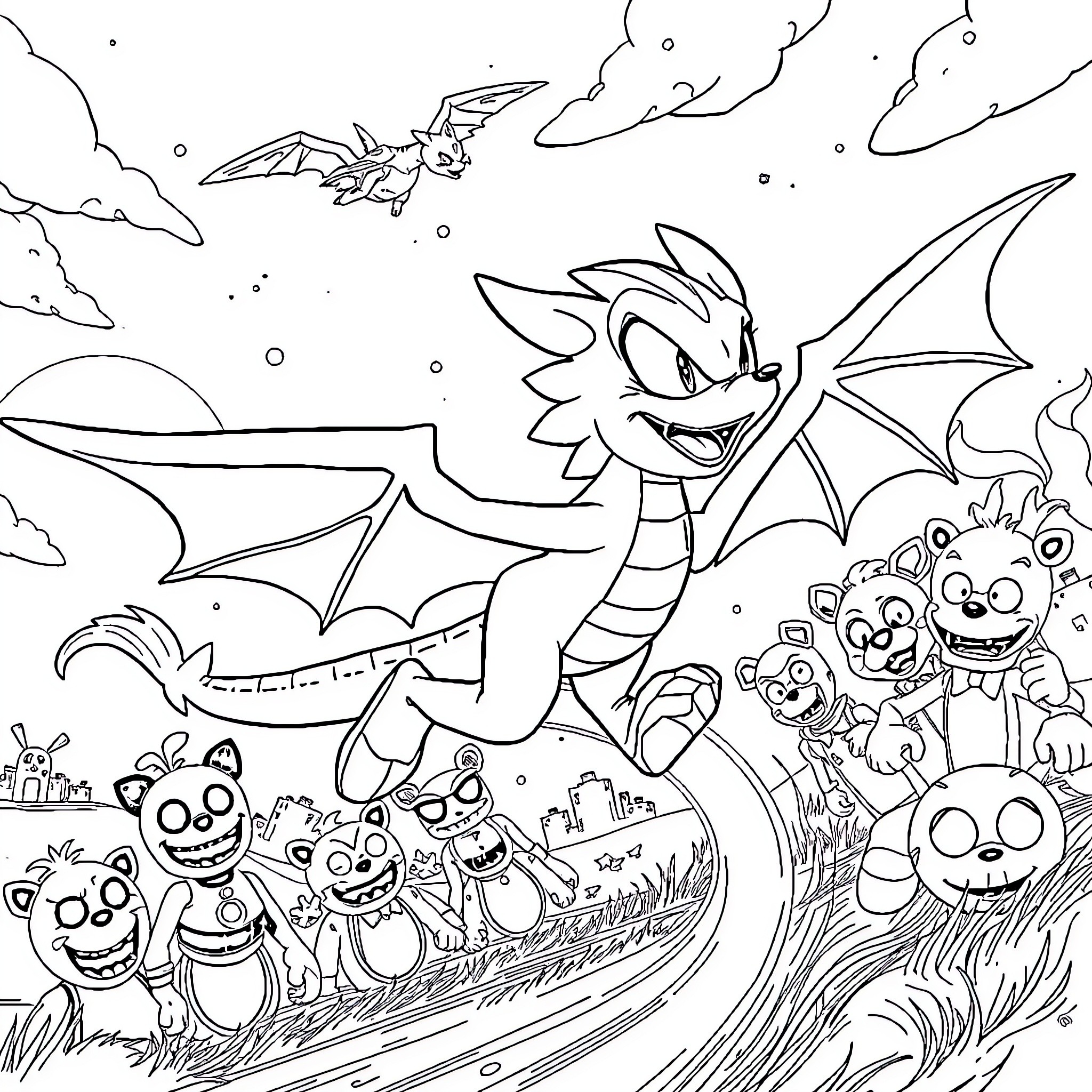 Sonic and friends in an animated fantasy scene Coloring Page (free black-and-white line drawing printable PDF for all, from beginners to advanced learners, including children, teens, adults, and seniors)