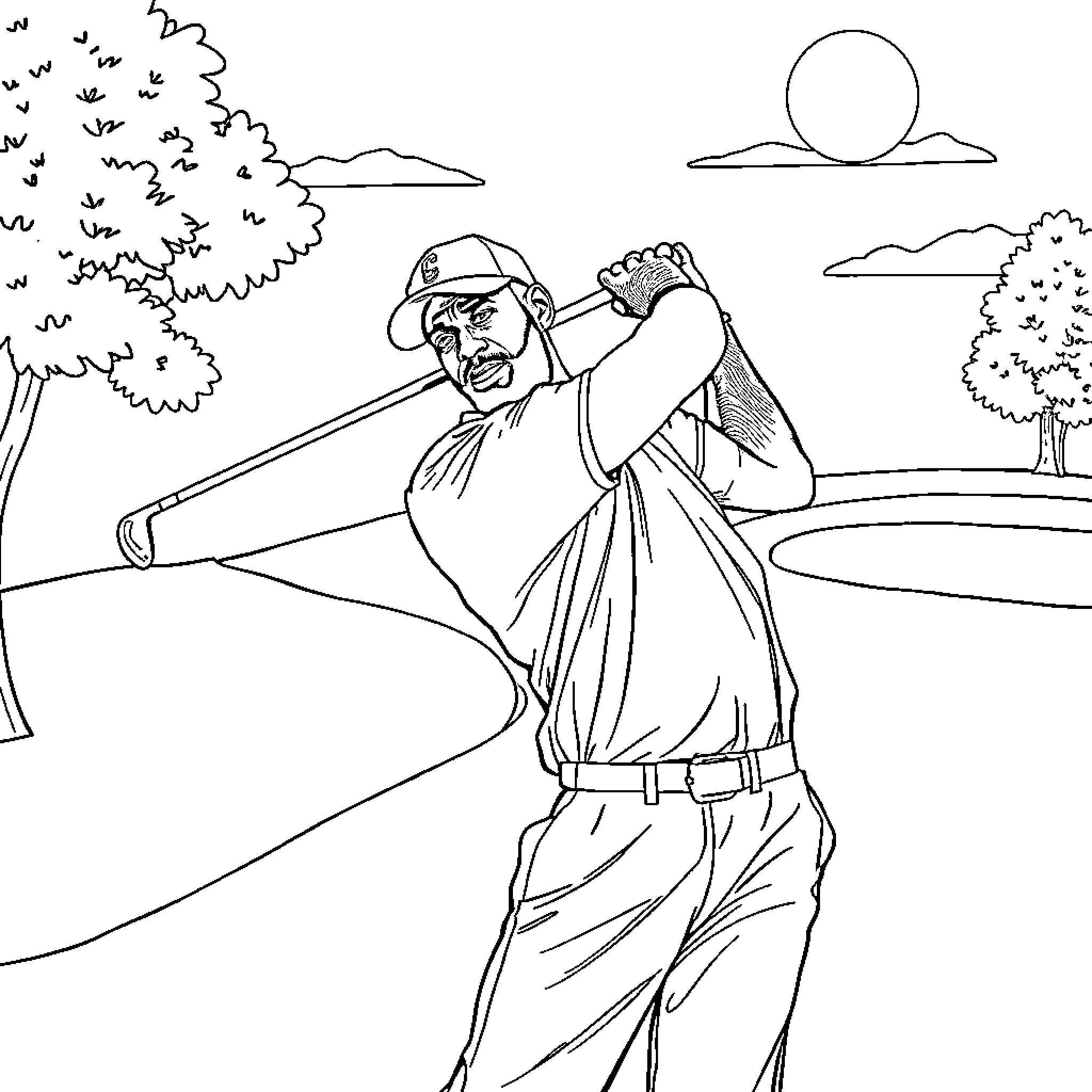 LeBron James playing baseball in a natural setting Coloring Page (free black-and-white line drawing printable PDF for all, from beginners to advanced learners, including children, teens, adults, and seniors)