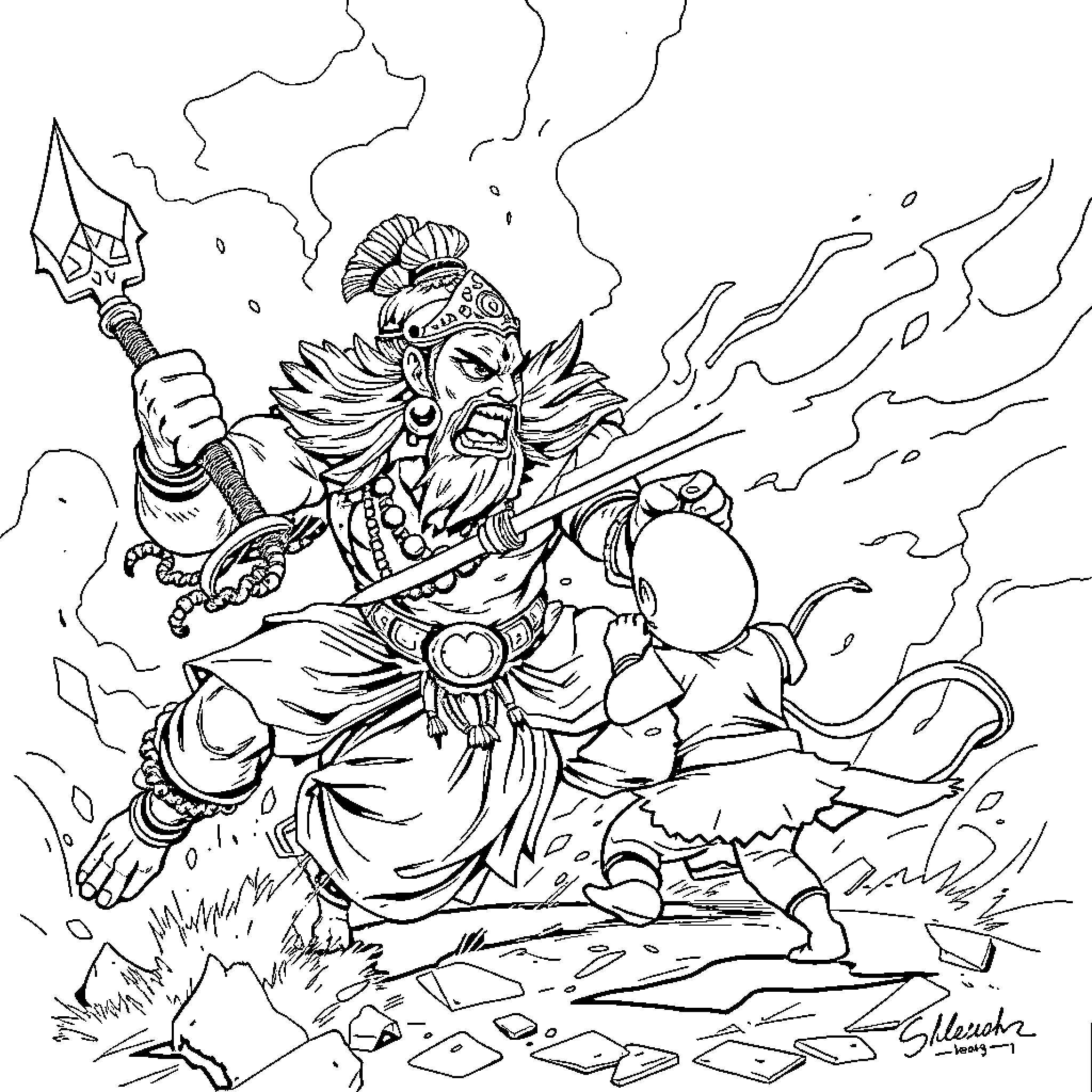 Gangar, the Powerful Warrior in Battle Coloring Page (free black-and-white line drawing printable PDF for all, from beginners to advanced learners, including children, teens, adults, and seniors)