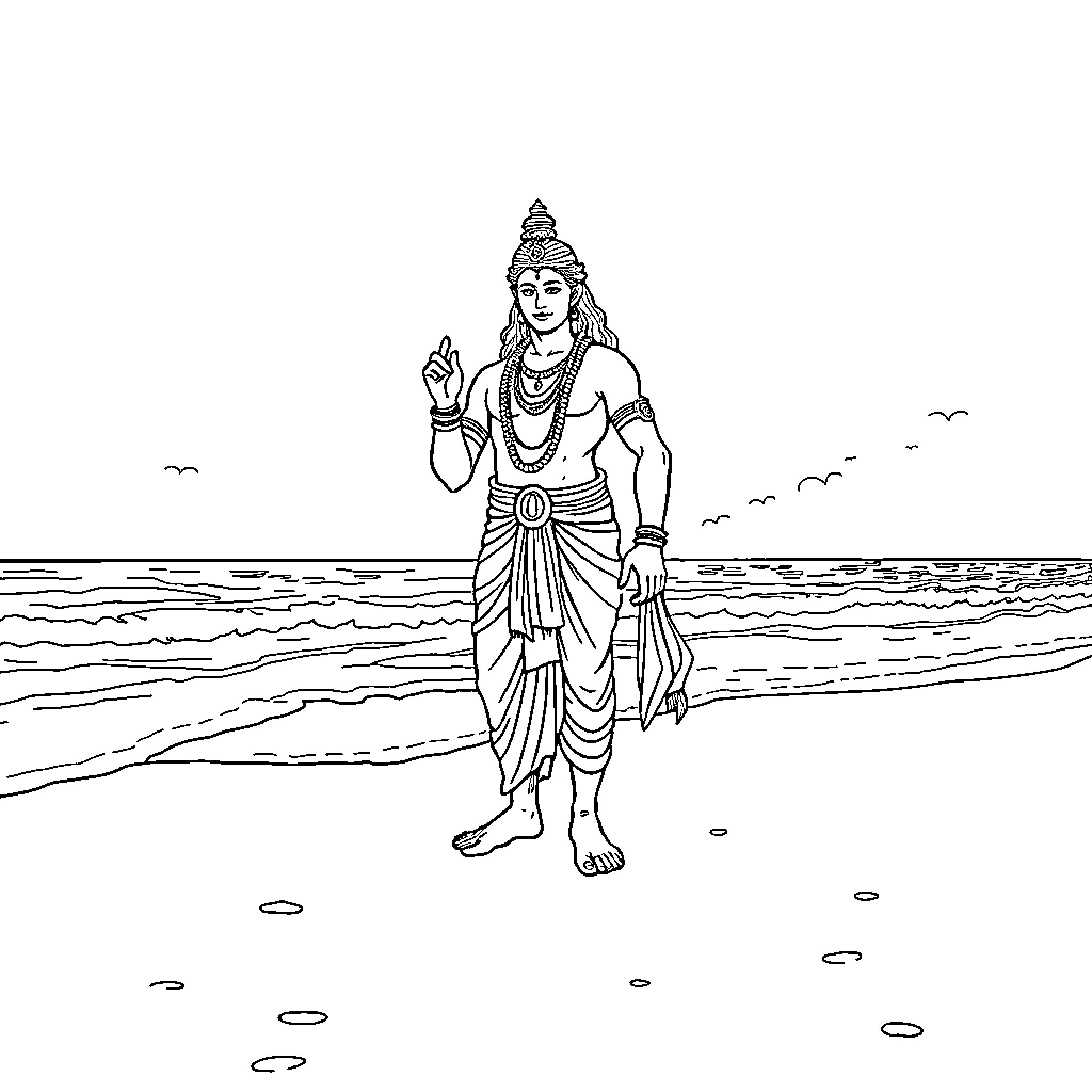 Lord Rama standing gracefully on the beach Coloring Page (free black-and-white line drawing printable PDF for all, from beginners to advanced learners, including children, teens, adults, and seniors)