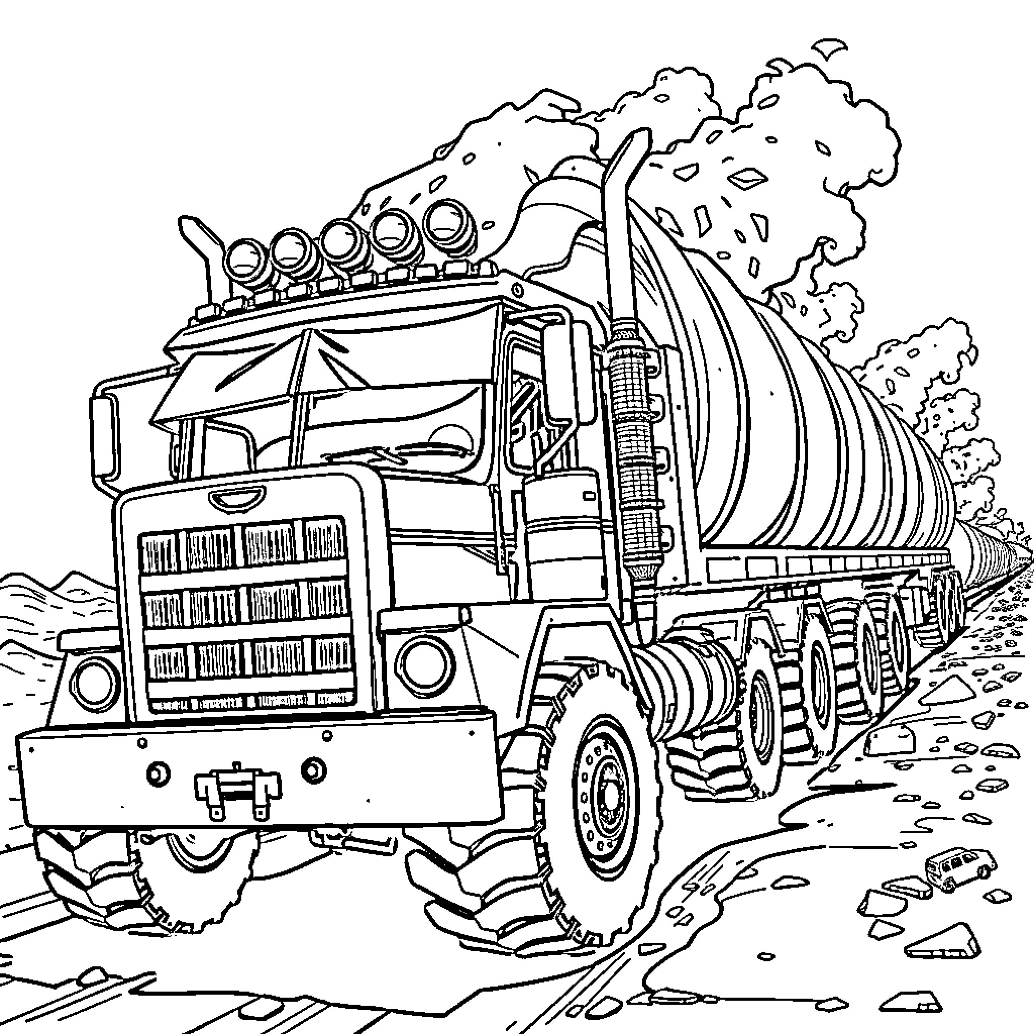 Monster Truck Transporting Cargo Through Rugged Terrain Coloring Page (free black-and-white line drawing printable PDF for all, from beginners to advanced learners, including children, teens, adults, and seniors)
