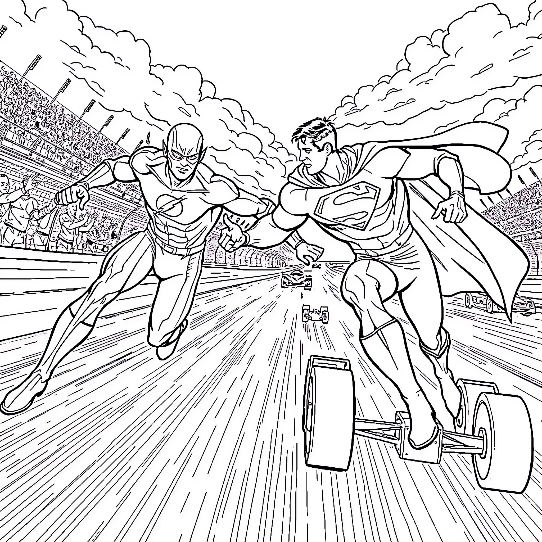 Flash Face-Off in Epic Superhero Showdown Coloring Page (free black-and-white line drawing printable PDF for all, from beginners to advanced learners, including children, teens, adults, and seniors)