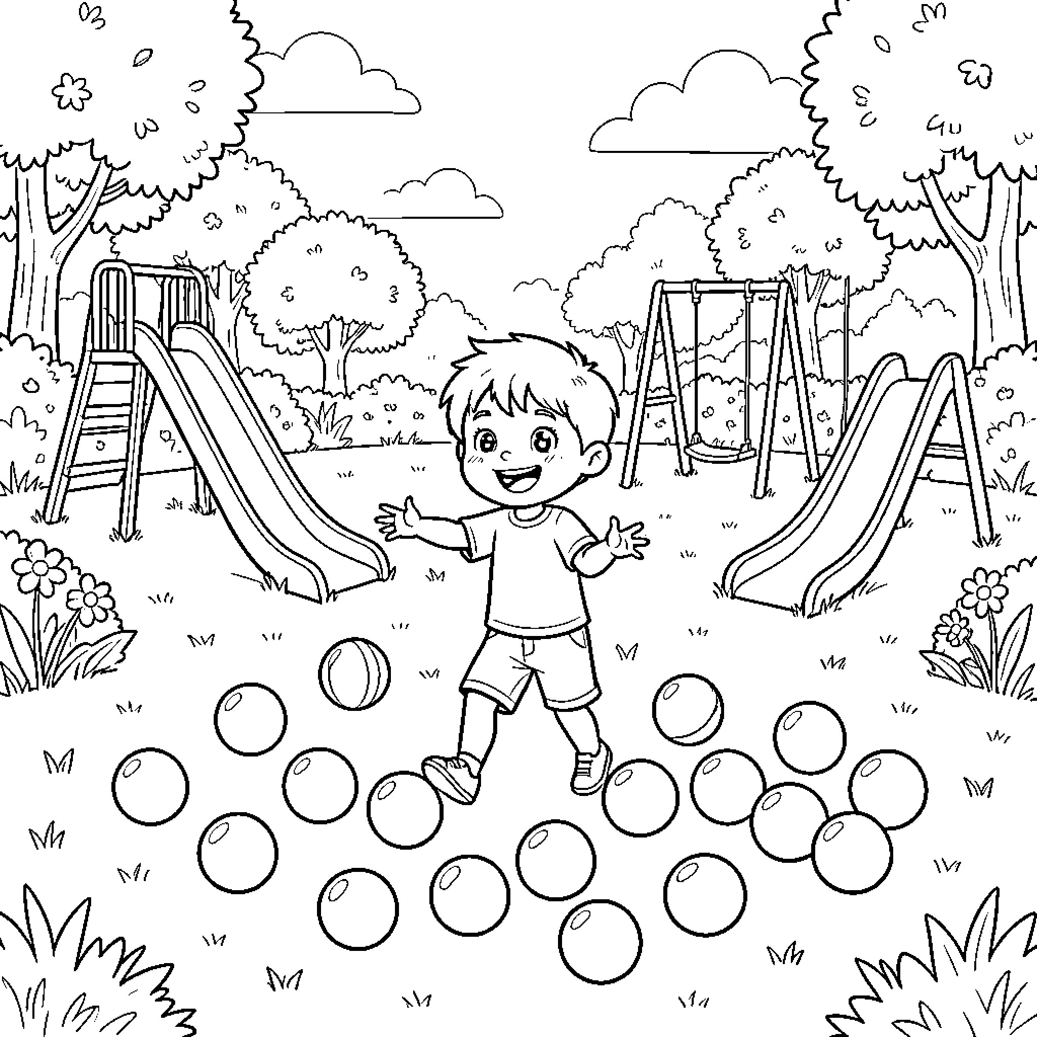 Niño enjoying a day at the playground Coloring Page (free black-and-white line drawing printable PDF for all, from beginners to advanced learners, including children, teens, adults, and seniors)