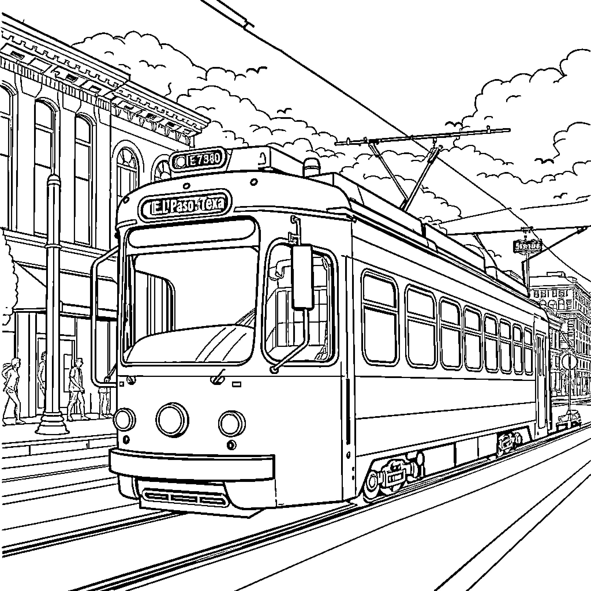 Streetcar moving along the urban cityscape Coloring Page (free black-and-white line drawing printable PDF for all, from beginners to advanced learners, including children, teens, adults, and seniors)