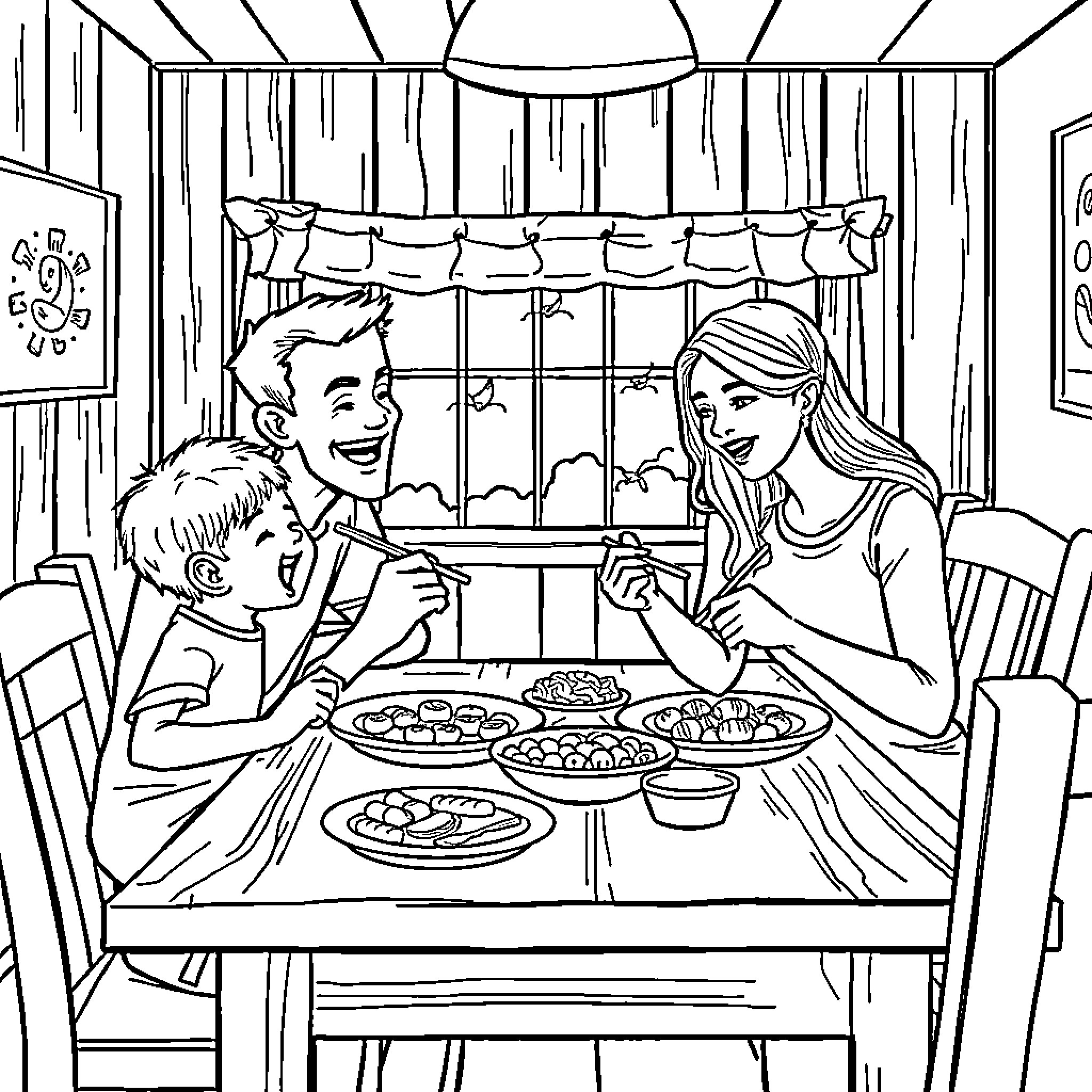 Family Enjoying a Cozy Meal Together Coloring Page (free black-and-white line drawing printable PDF for all, from beginners to advanced learners, including children, teens, adults, and seniors)