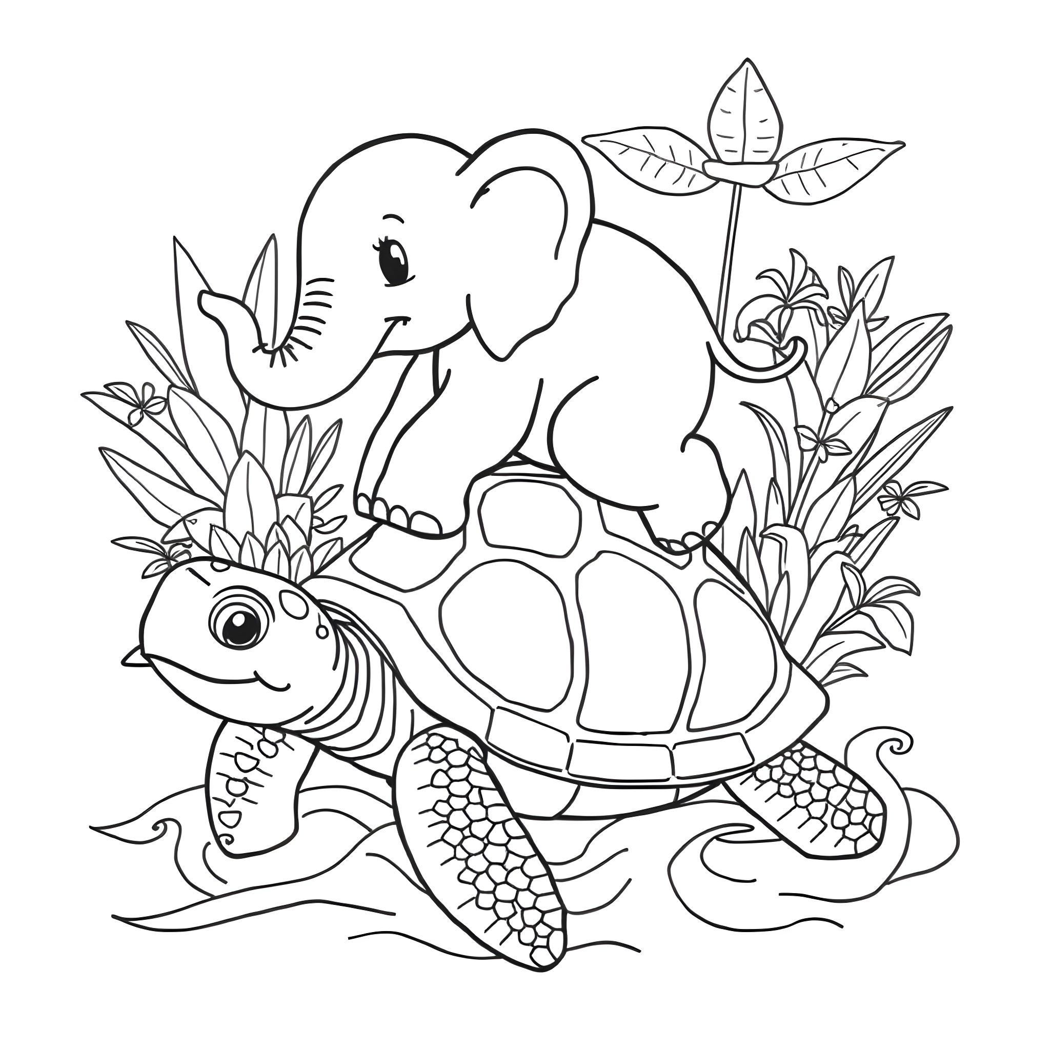 Elephant and Turtle Exploring the Jungle Coloring Page (free black-and-white line drawing printable PDF for all, from beginners to advanced learners, including children, teens, adults, and seniors)