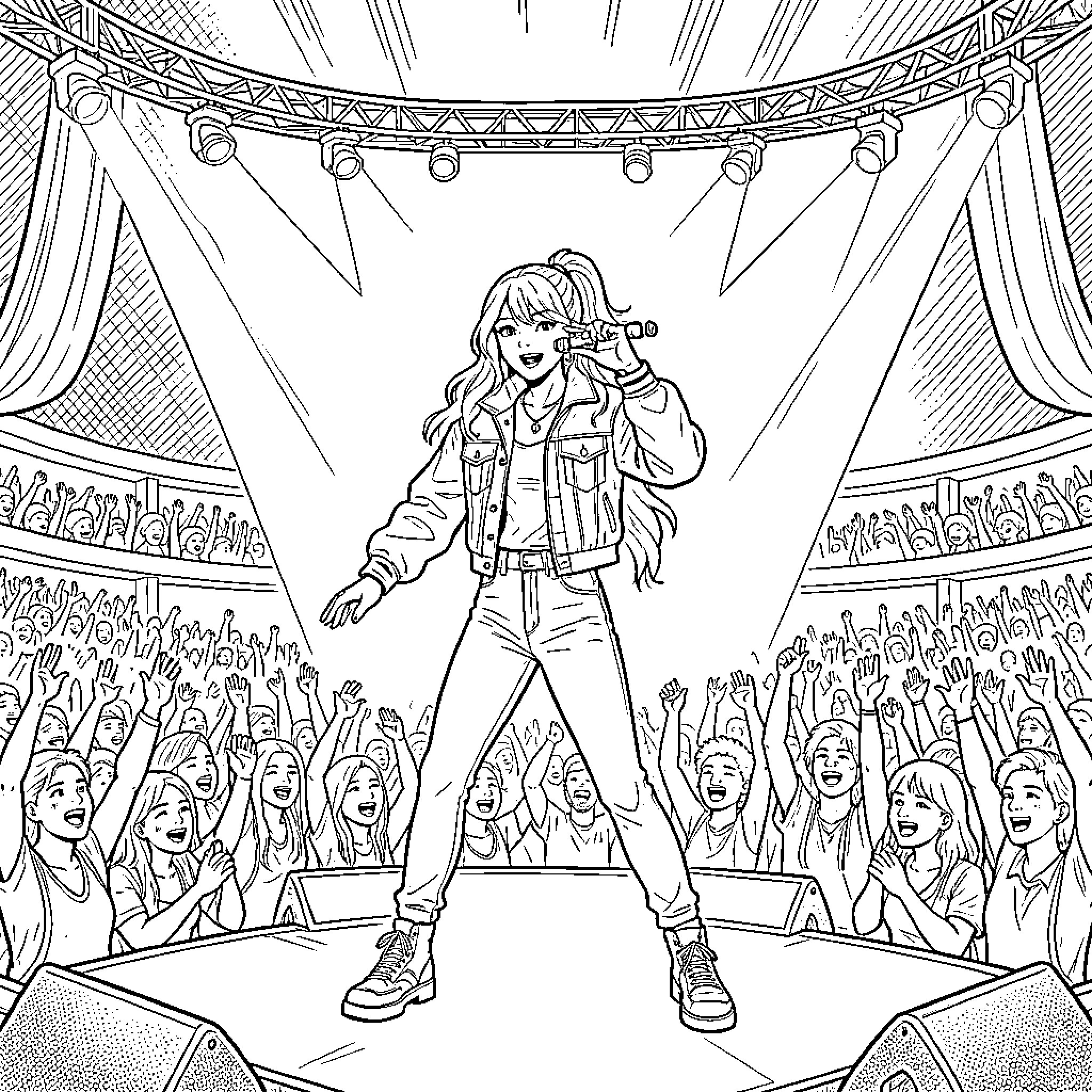Zoey performing energetically on stage before an excited crowd Coloring Page (free black-and-white line drawing printable PDF for all, from beginners to advanced learners, including children, teens, adults, and seniors)