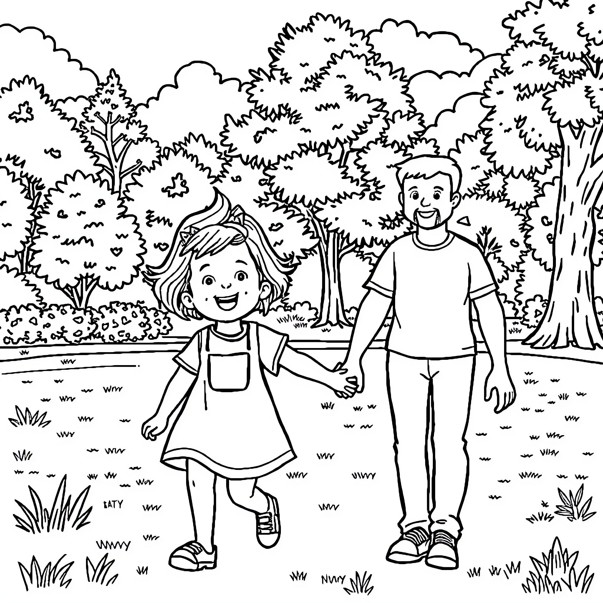 Child playing happily with family in nature Coloring Page (free black-and-white line drawing printable PDF for all, from beginners to advanced learners, including children, teens, adults, and seniors)