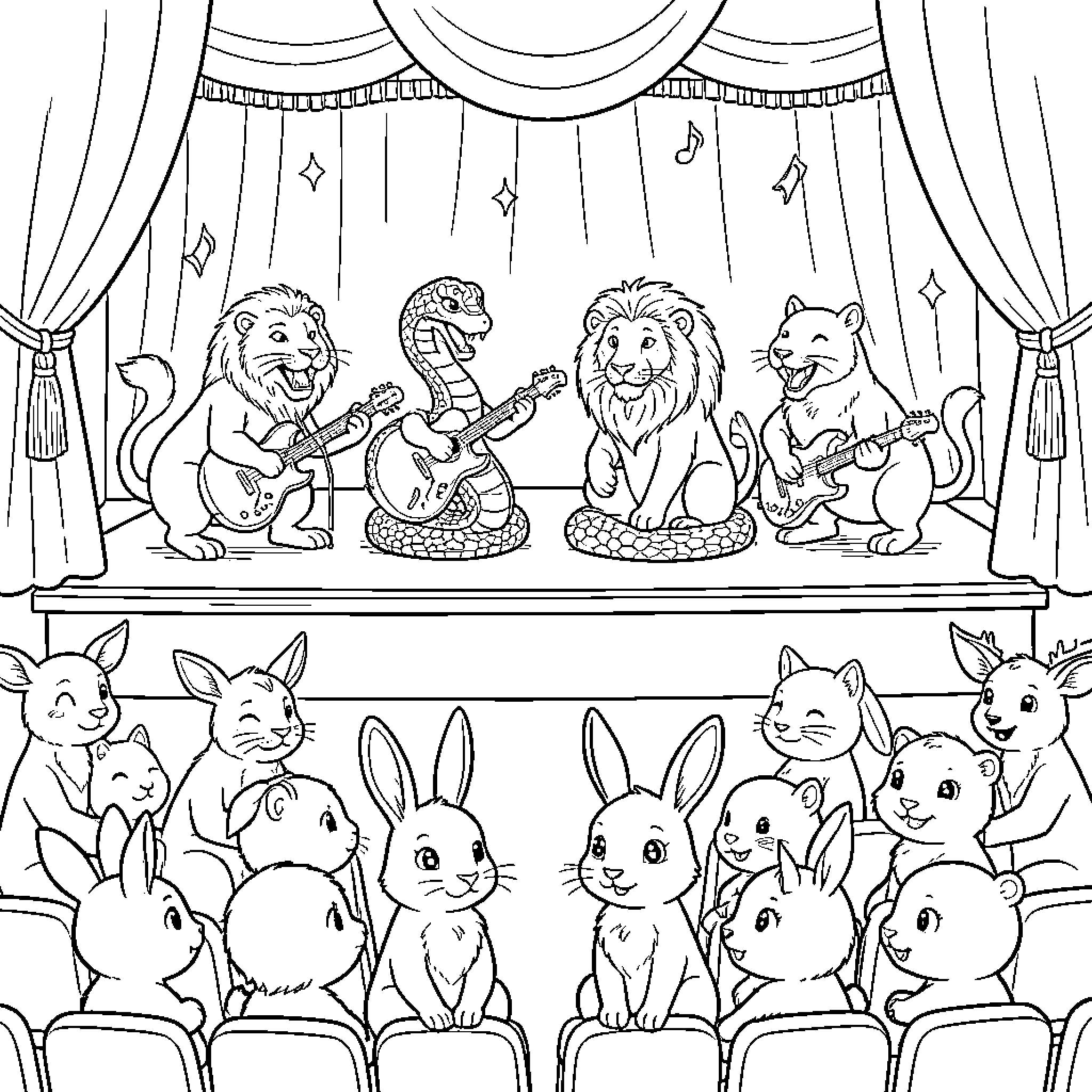 Animals performing on a stage in a circus Coloring Page (free black-and-white line drawing printable PDF for all, from beginners to advanced learners, including children, teens, adults, and seniors)