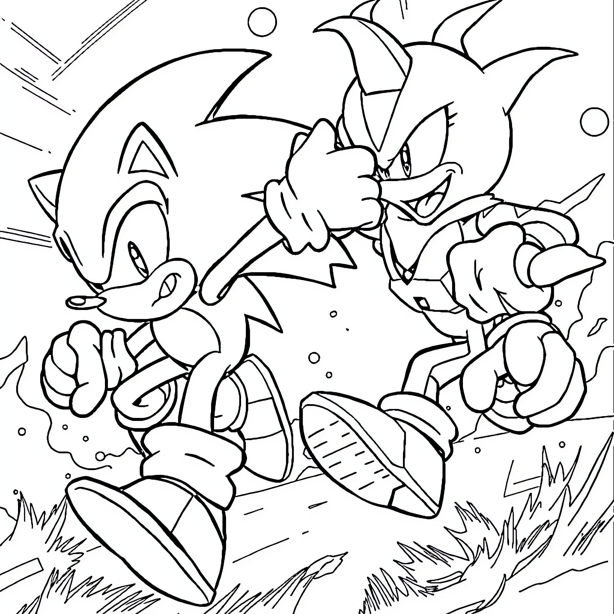 Sonic Characters in Action-Packed Adventure Coloring Page (free black-and-white line drawing printable PDF for all, from beginners to advanced learners, including children, teens, adults, and seniors)
