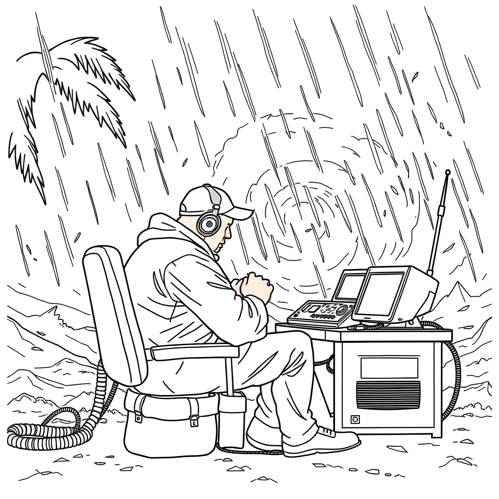 Radio Operator monitoring communications during severe weather Coloring Page (free black-and-white line drawing printable PDF for all, from beginners to advanced learners, including children, teens, adults, and seniors)