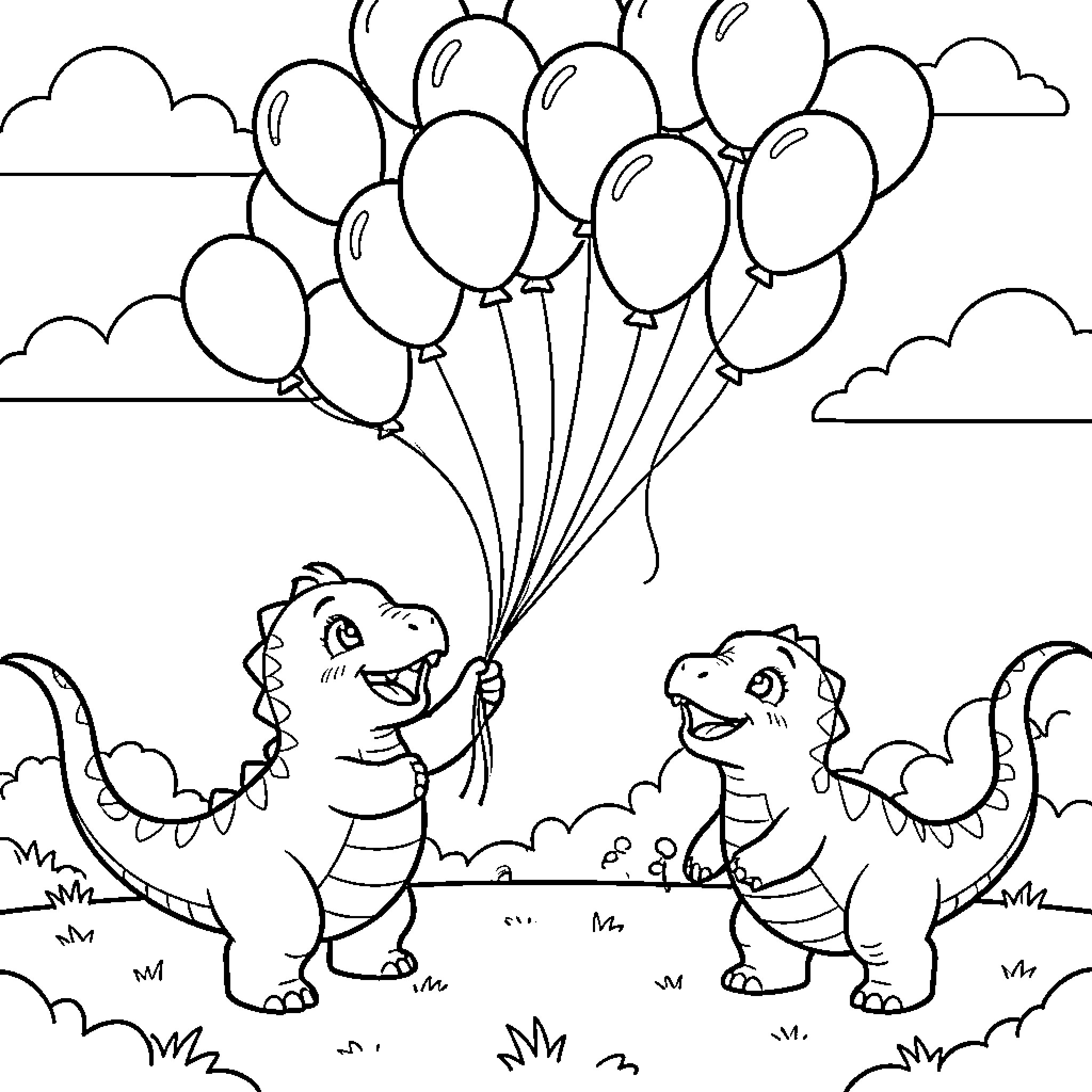 Dinosaur characters playing with a large bunch of balloons Coloring Page (free black-and-white line drawing printable PDF for all, from beginners to advanced learners, including children, teens, adults, and seniors)