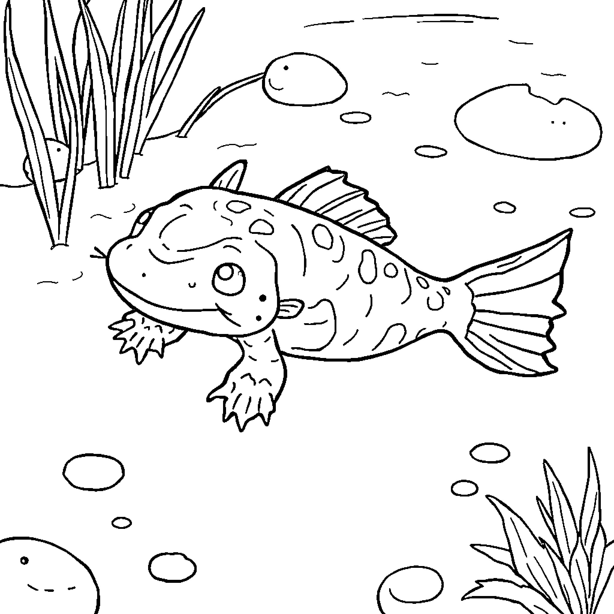 Axolotl swimming playfully in the underwater scenery Coloring Page (free black-and-white line drawing printable PDF for all, from beginners to advanced learners, including children, teens, adults, and seniors)