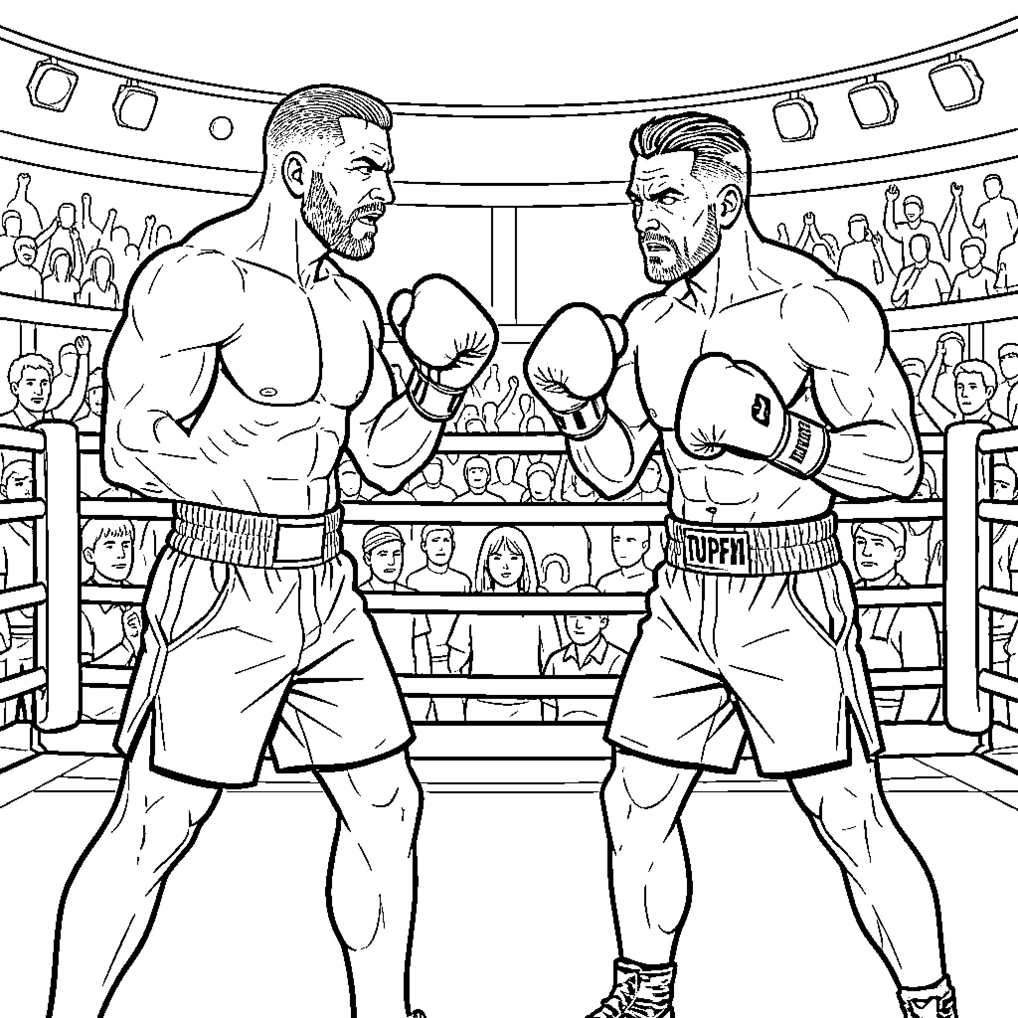 Boxing match between two fighters in a ring Coloring Page (free black-and-white line drawing printable PDF for all, from beginners to advanced learners, including children, teens, adults, and seniors)