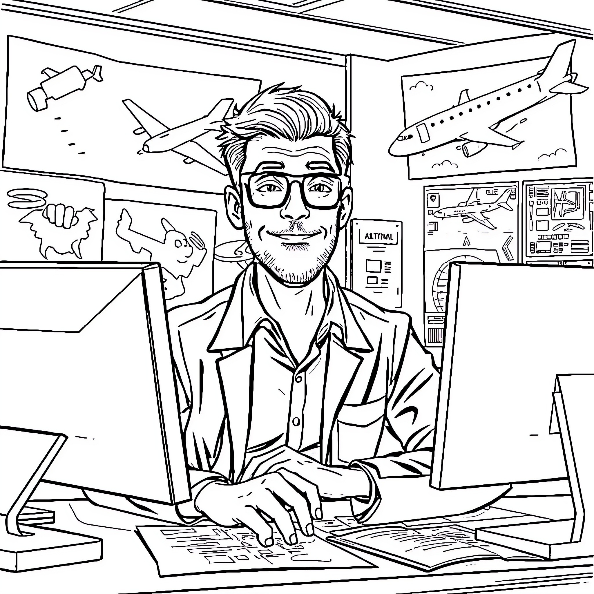 Papa's Aviation Office Adventure Coloring Page (free black-and-white line drawing printable PDF for all, from beginners to advanced learners, including children, teens, adults, and seniors)