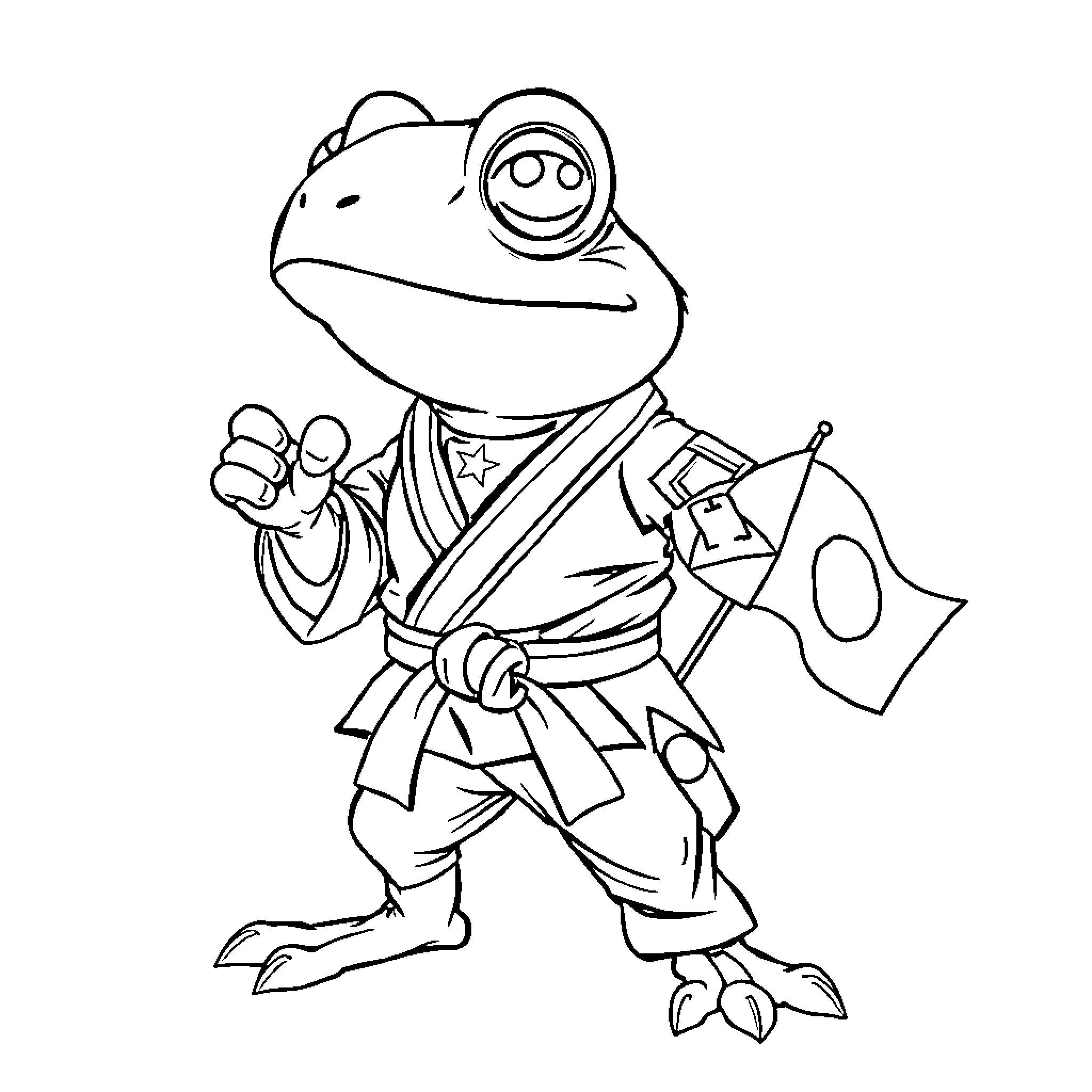 Coqui Ninja Frog in Action Pose Coloring Page (free black-and-white line drawing printable PDF for all, from beginners to advanced learners, including children, teens, adults, and seniors)