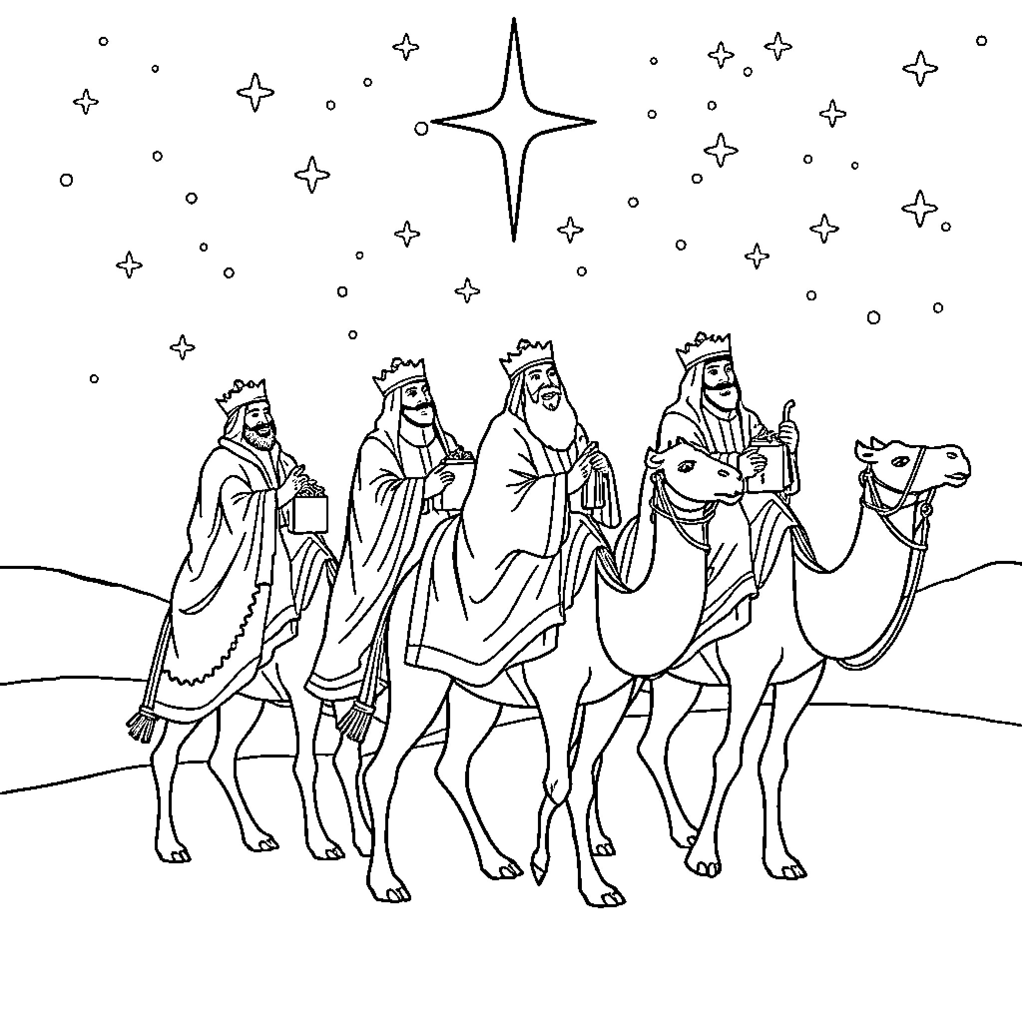 Reyes Magos traveling on camels under the night sky Coloring Page (free black-and-white line drawing printable PDF for all, from beginners to advanced learners, including children, teens, adults, and seniors)
