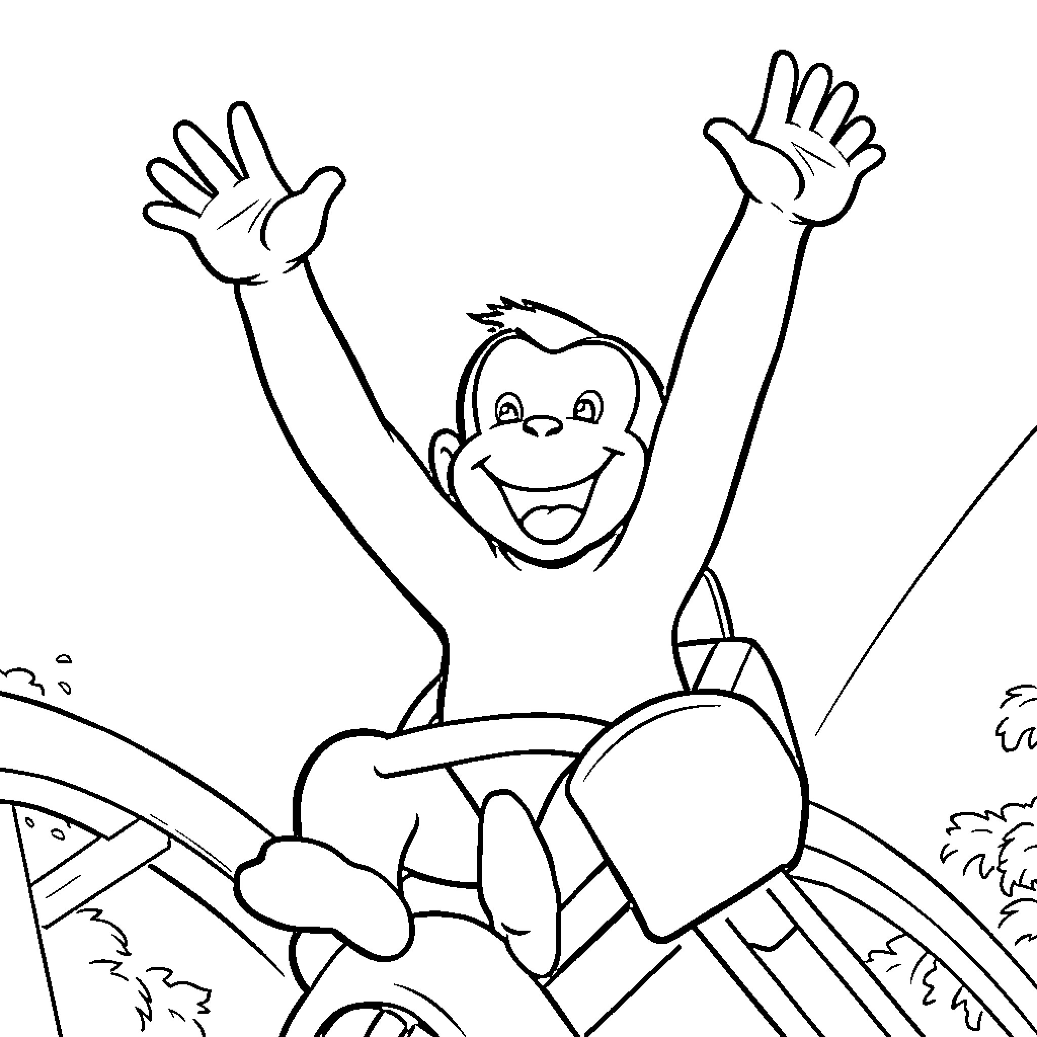 Curious George celebrates with arms raised Coloring Page (free black-and-white line drawing printable PDF for all, from beginners to advanced learners, including children, teens, adults, and seniors)