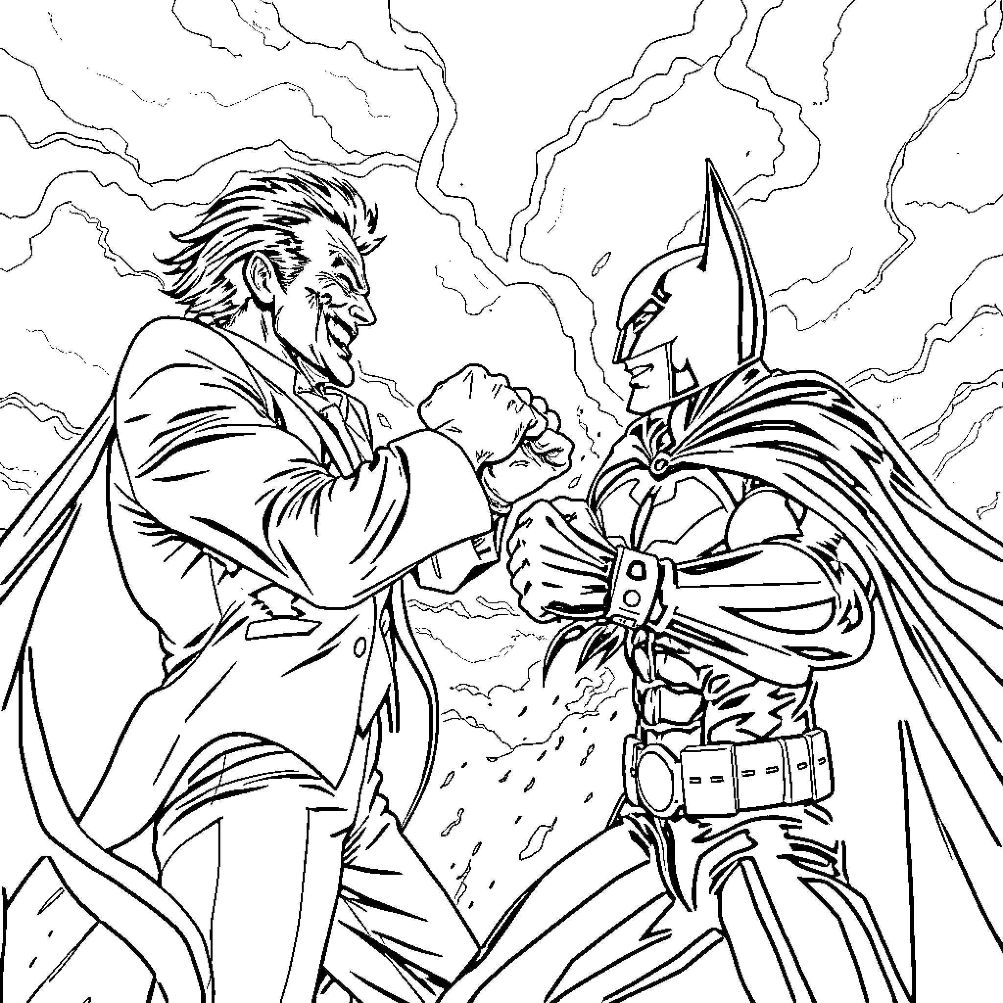 Joker confronting the dark knight in epic battle Coloring Page (free black-and-white line drawing printable PDF for all, from beginners to advanced learners, including children, teens, adults, and seniors)